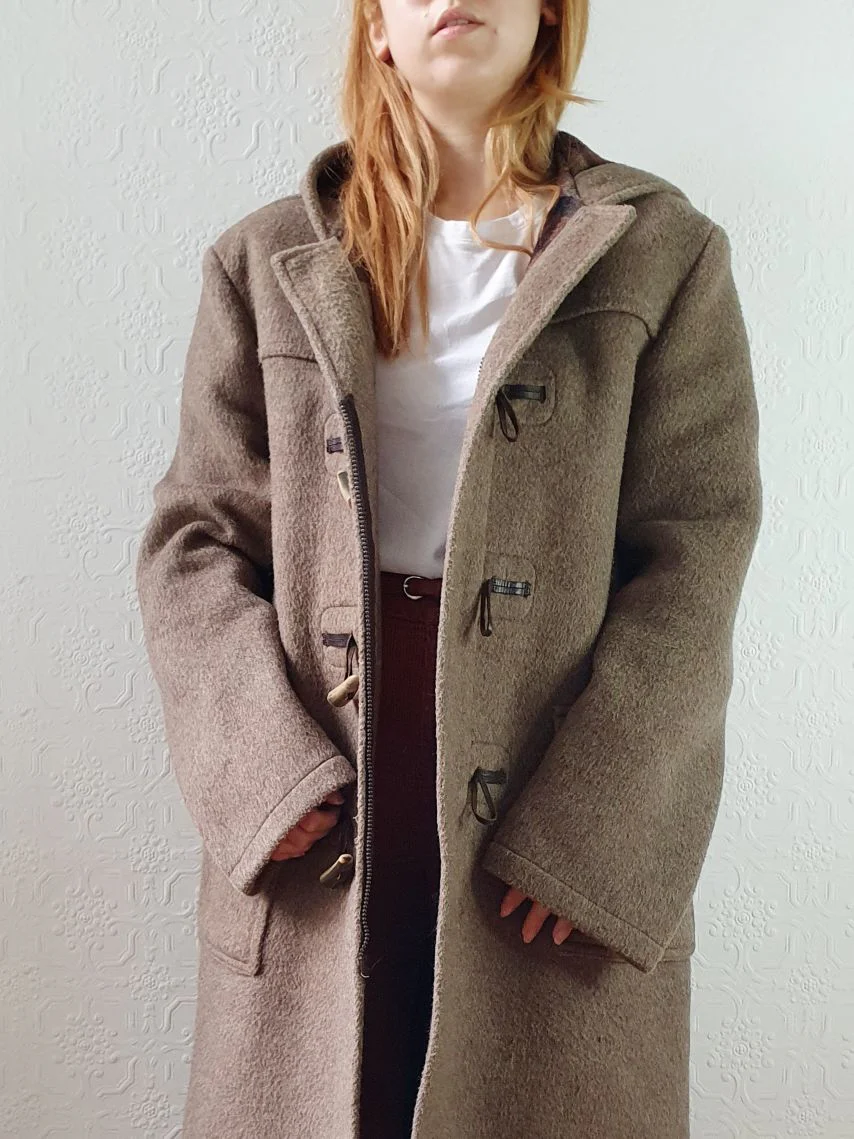 Vintage 90s Taupe Brown Heavy Wool Duffle Coat with Hood - L - Image 3