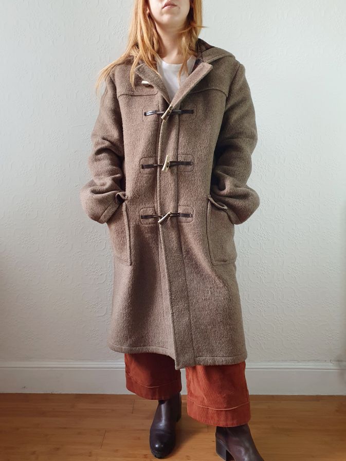 Vintage 90s Taupe Brown Heavy Wool Duffle Coat with Hood - L - Image 4