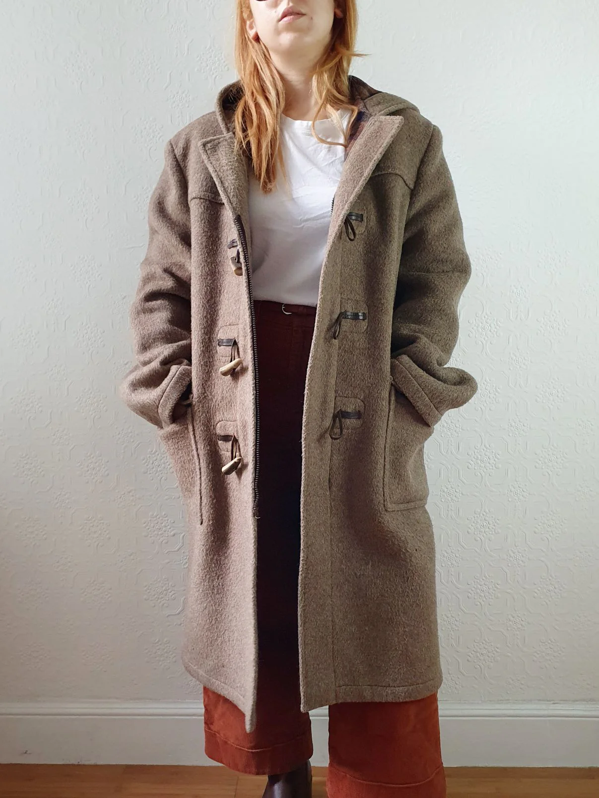 Vintage 90s Taupe Brown Heavy Wool Duffle Coat with Hood - L - Image 5