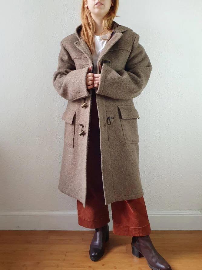 Vintage 90s Taupe Brown Heavy Wool Duffle Coat with Hood - L - Image 6
