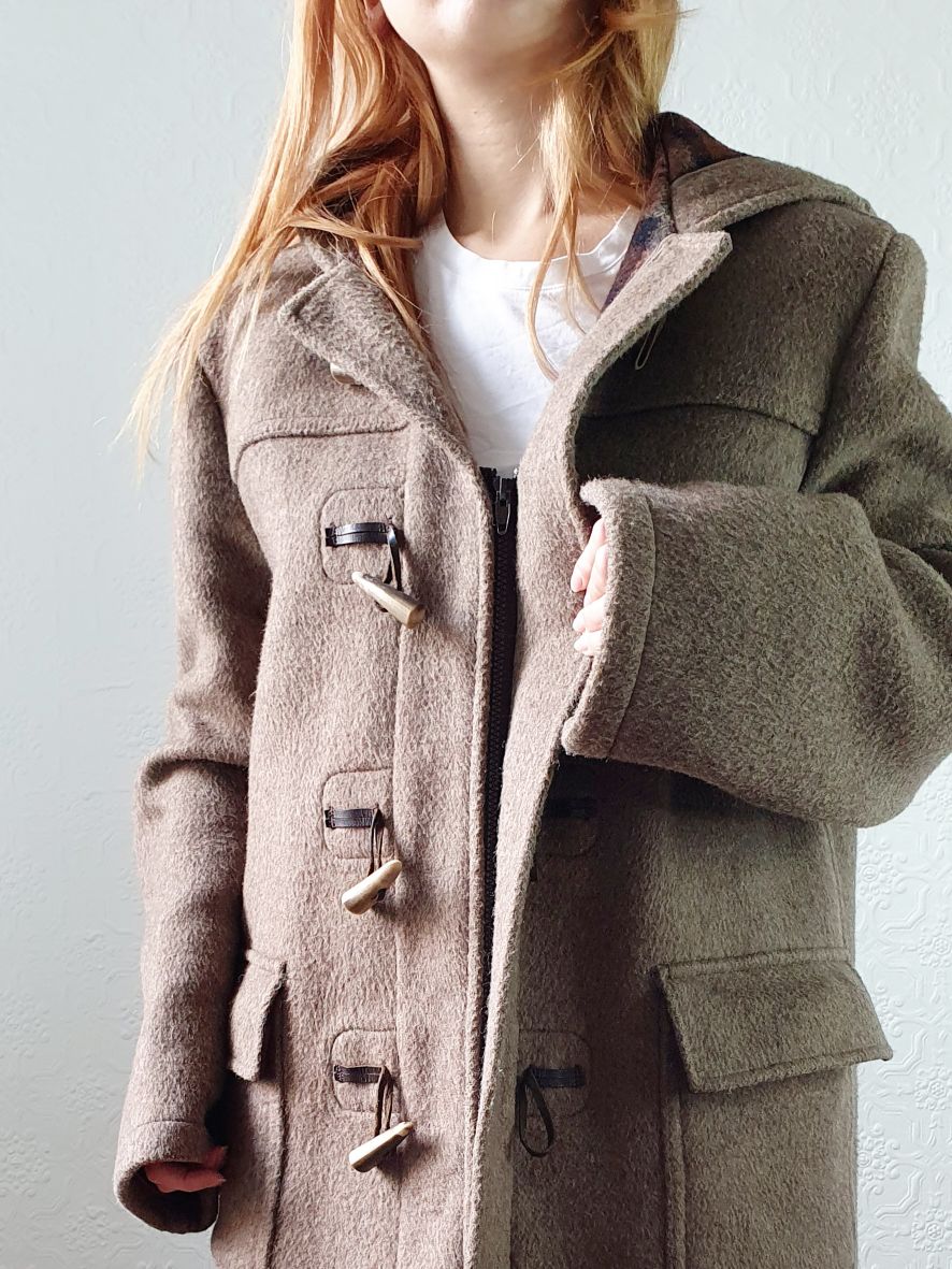 Vintage 90s Taupe Brown Heavy Wool Duffle Coat with Hood - L - Image 9
