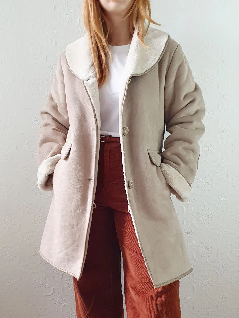 Vintage 90s Taupe Faux Sheepskin Jacket - XS