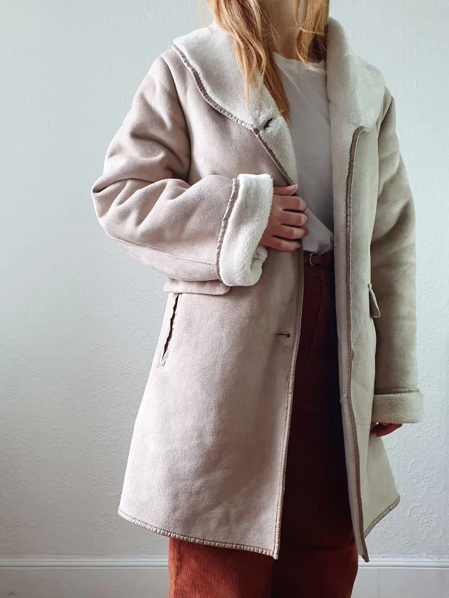Vintage 90s Taupe Faux Sheepskin Jacket - XS - Image 11