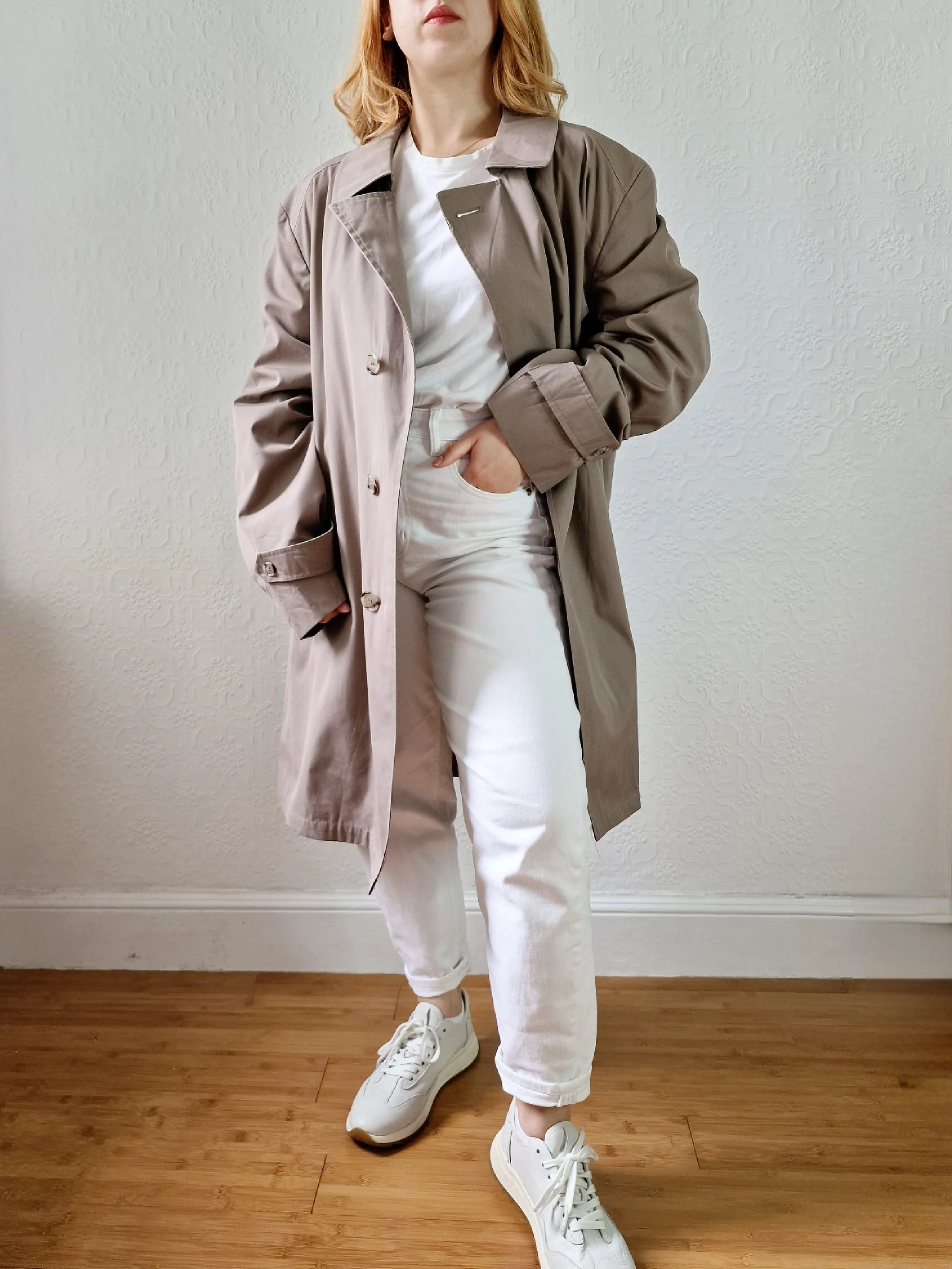 Vintage 90s Taupe Grey Single Breasted Trench - XL - Image 2