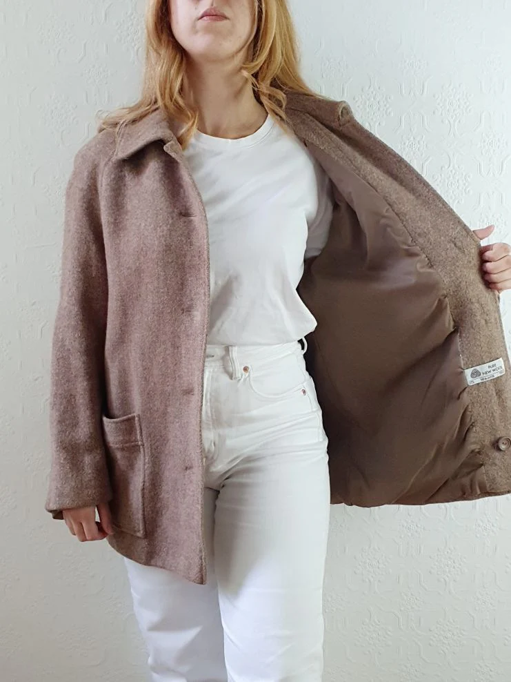 Vintage 90s Taupe Pure Wool Pea Coat - S/M - Image 6
