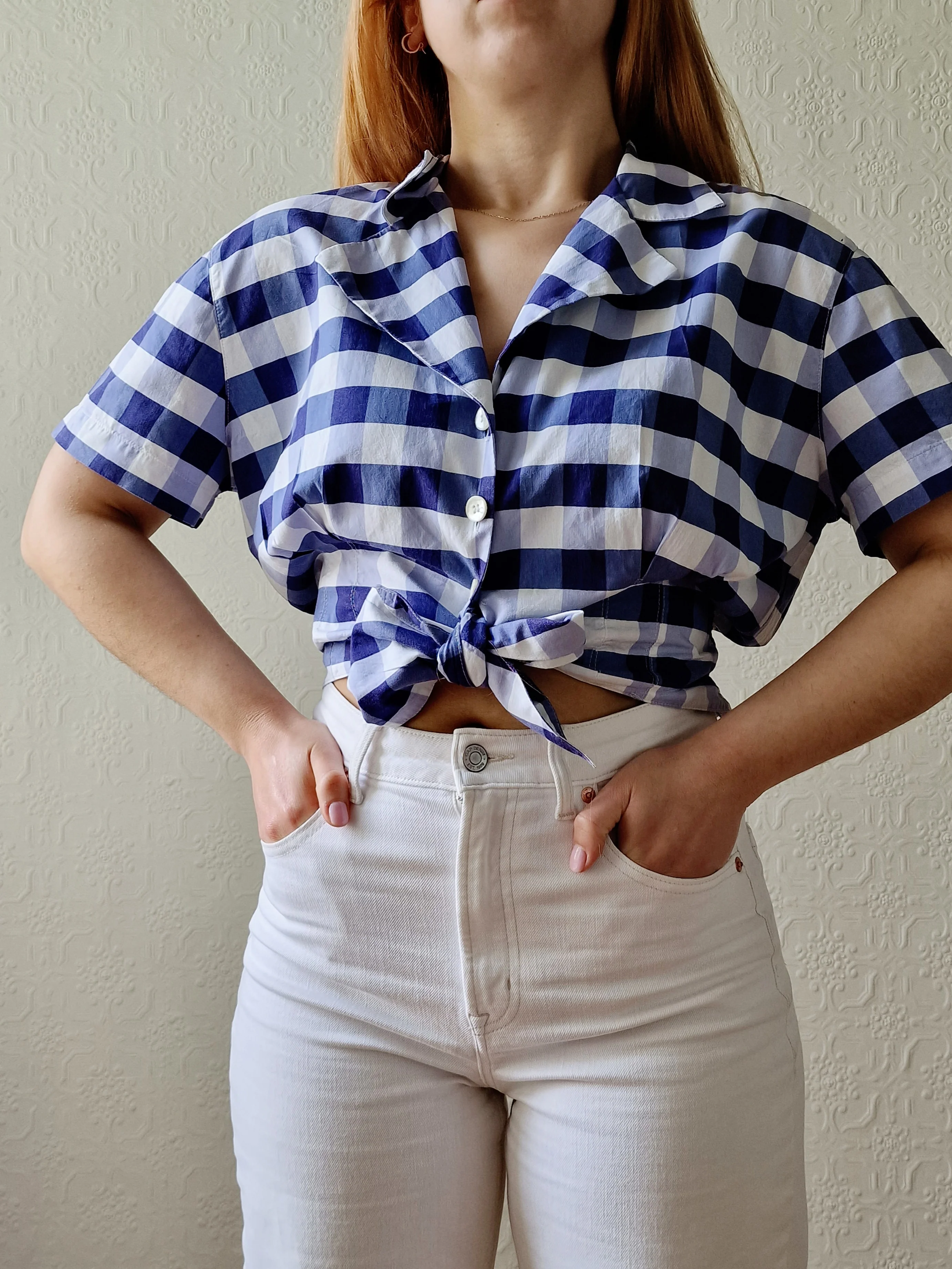 Vintage 90s White & Blue Gingham Cropped Blouse Top - M/L - Image 2