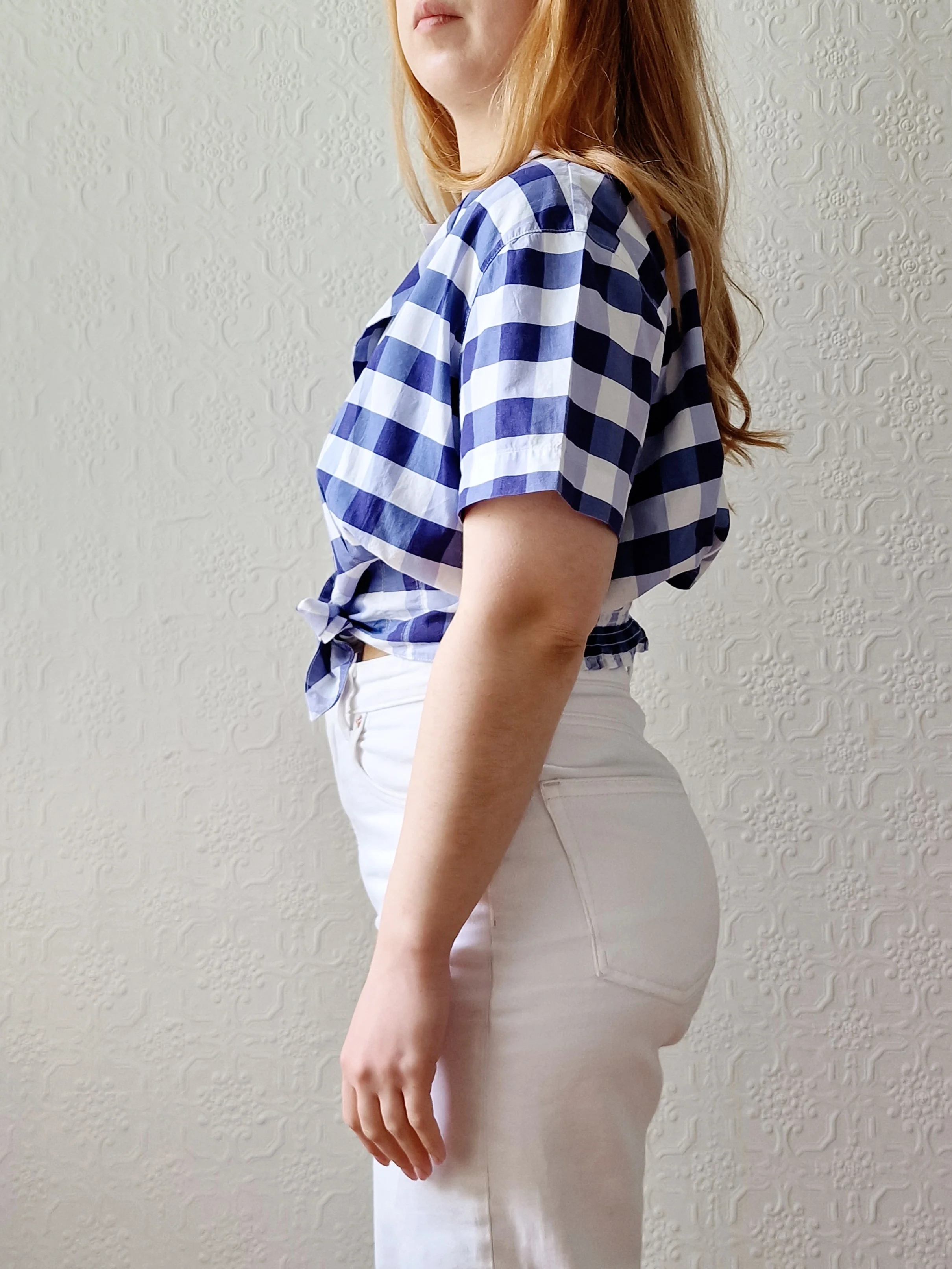 Vintage 90s White & Blue Gingham Cropped Blouse Top - M/L - Image 3