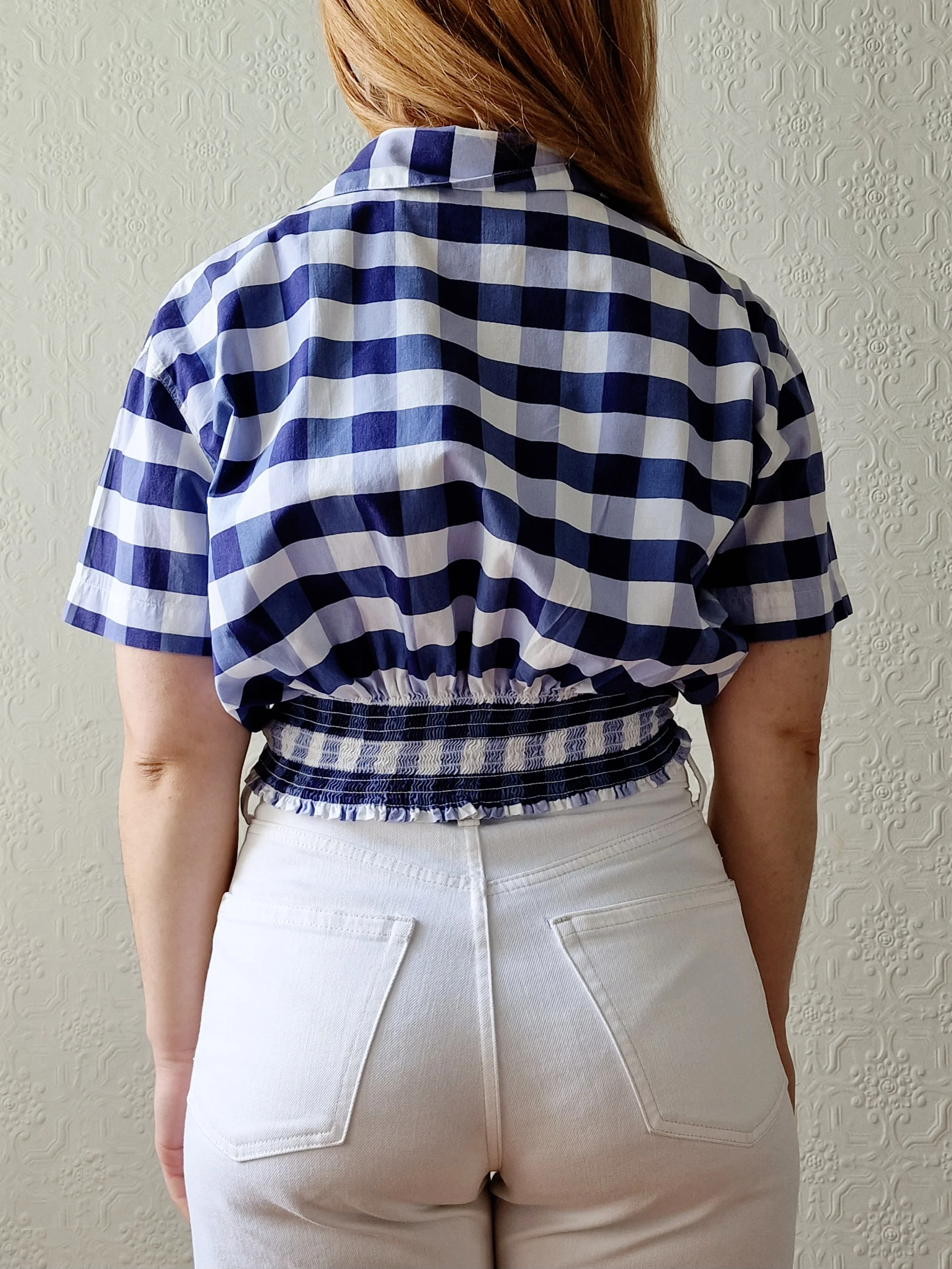 Vintage 90s White & Blue Gingham Cropped Blouse Top - M/L - Image 4