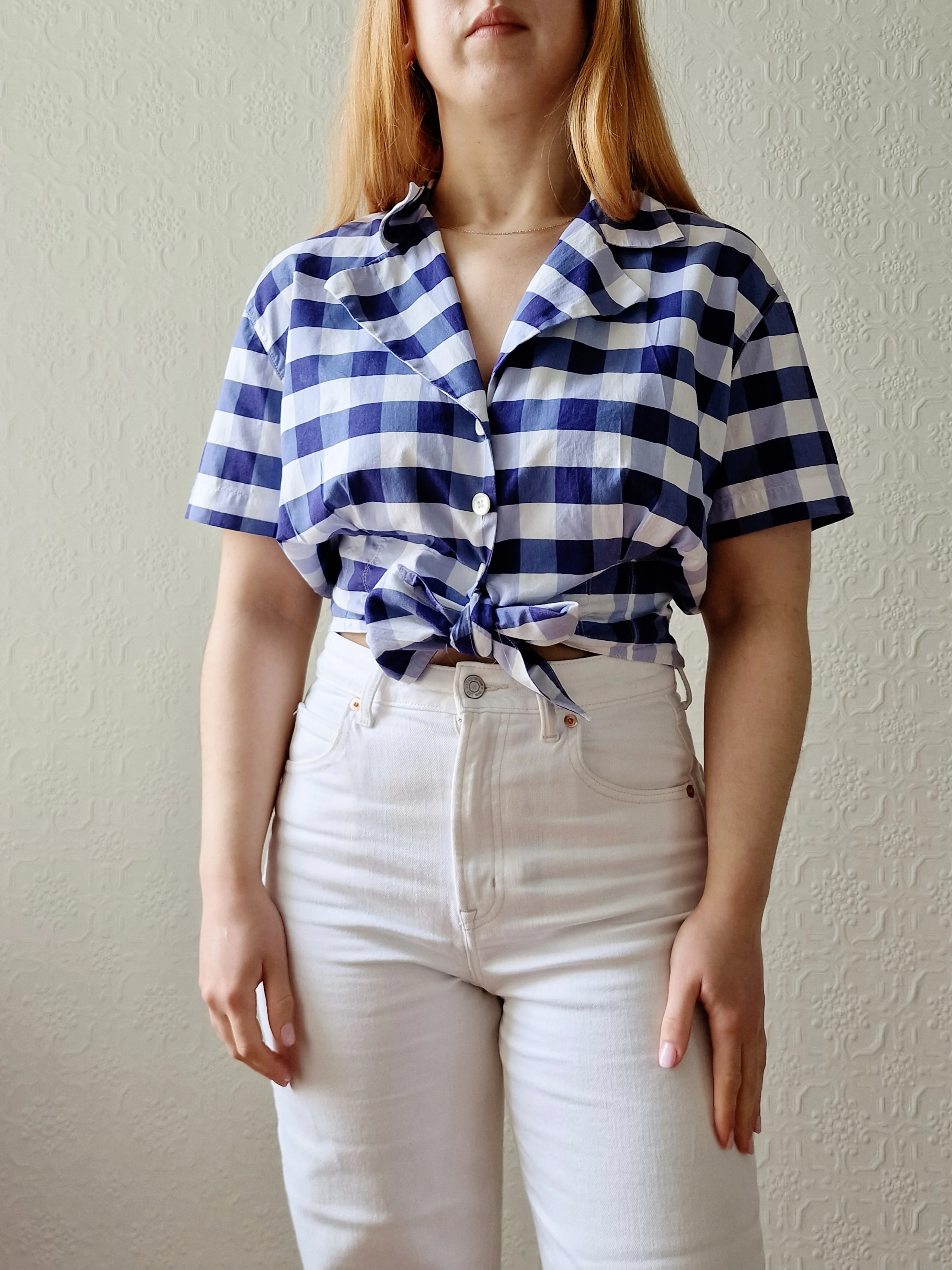 Vintage 90s White & Blue Gingham Cropped Blouse Top - M/L - Image 5