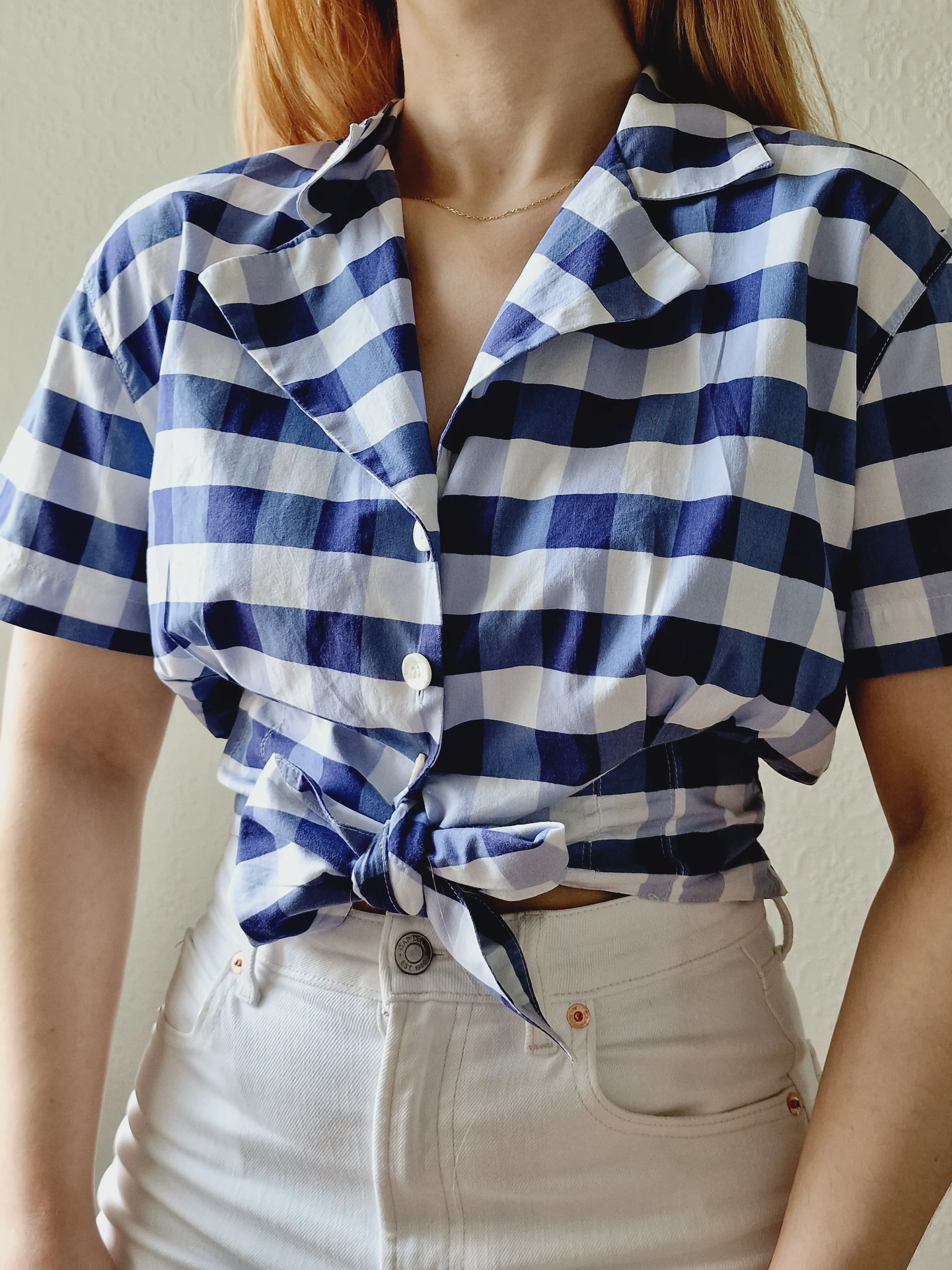 Vintage 90s White & Blue Gingham Cropped Blouse Top - M/L - Image 6