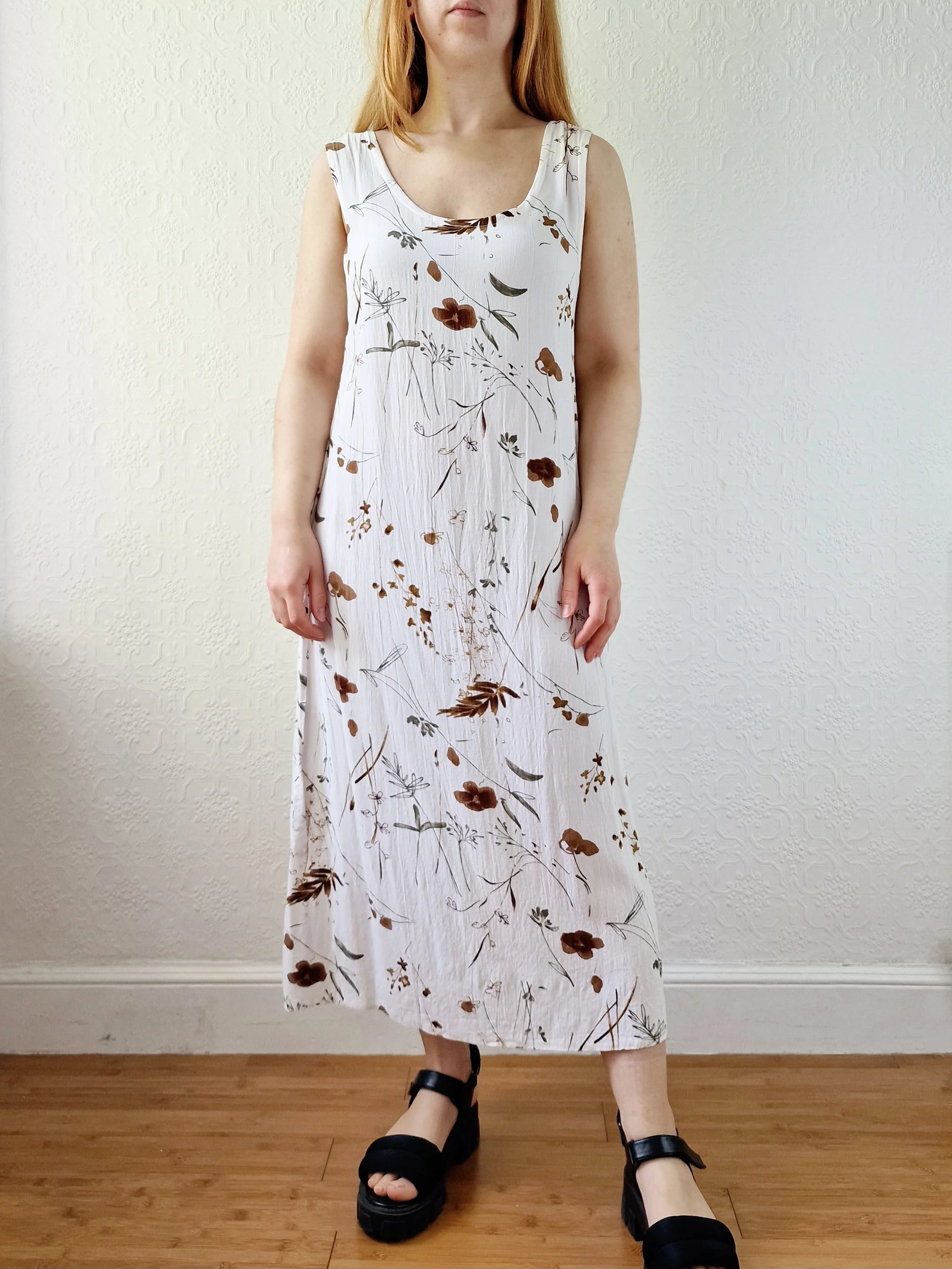 Vintage 90s White Floral Sleeveless Midi Dress - S/M - Image 3