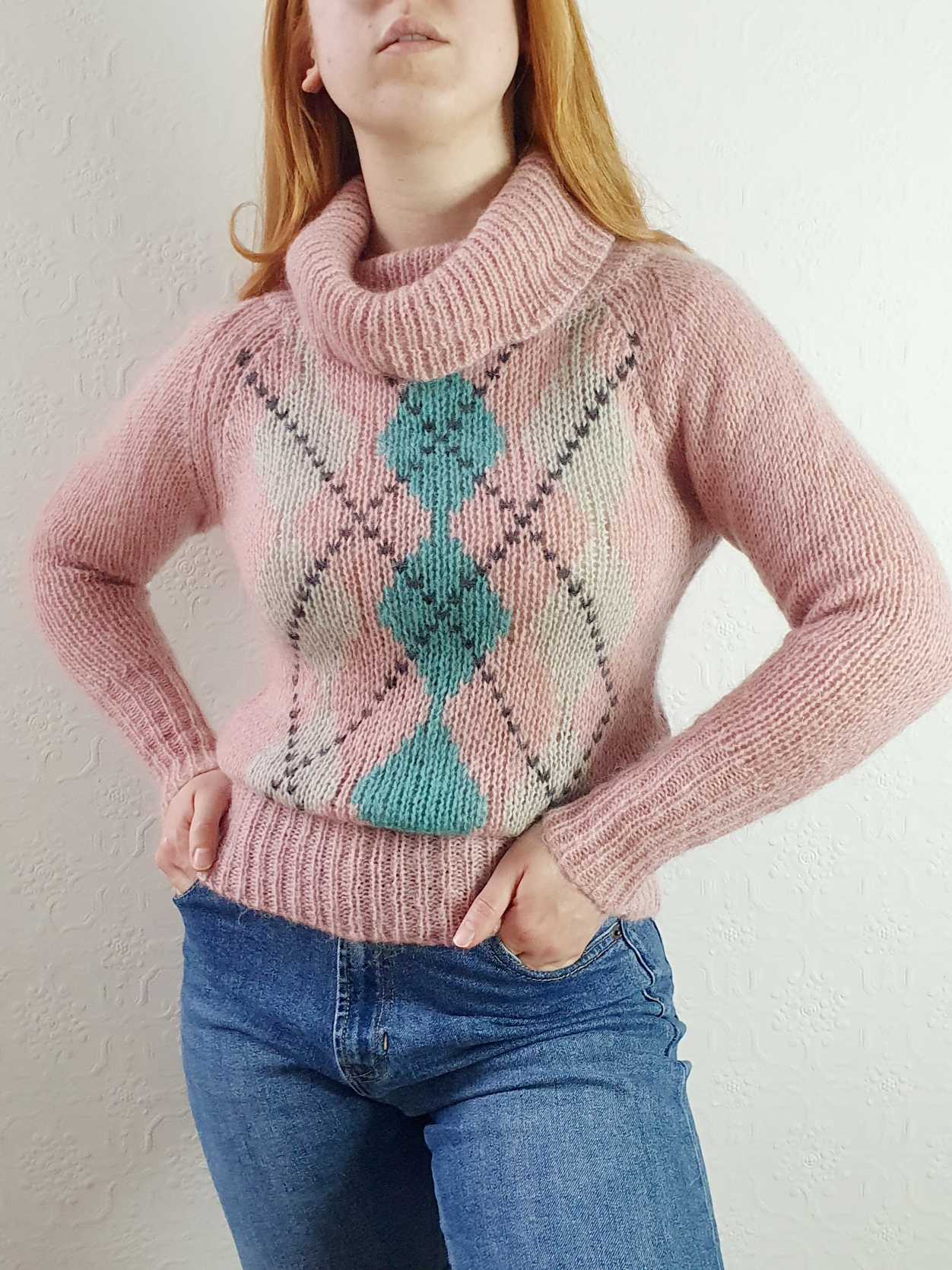 Vintage Argyle Pattern Cowl Neck Pink Mohair Jumper - XS/S
