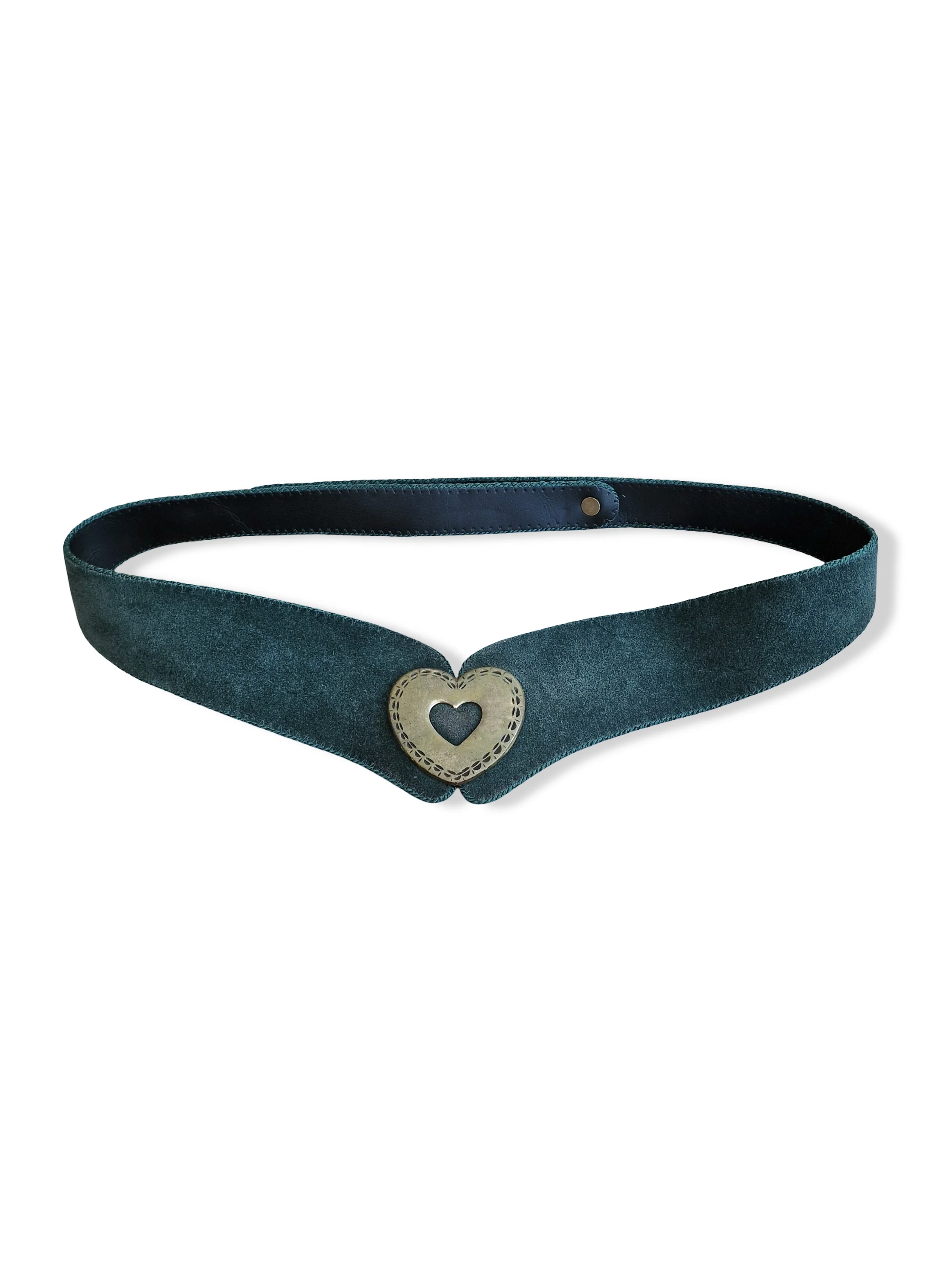 Vintage Austrian Dark Green Suede Leather Statement Belt with Brass Heart Detail - W34-40