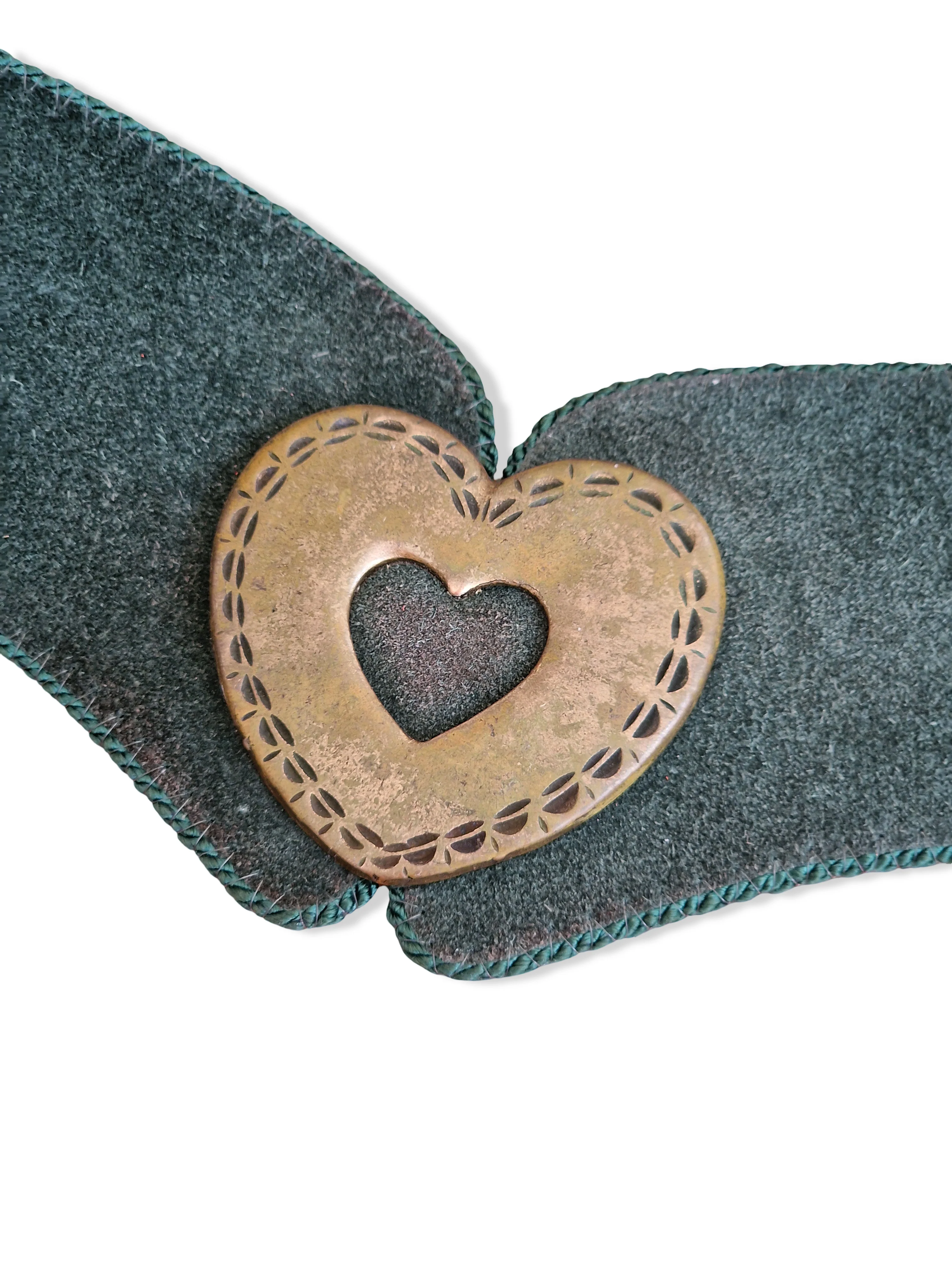 Vintage Austrian Dark Green Suede Leather Statement Belt with Brass Heart Detail - W34-40 - Image 3