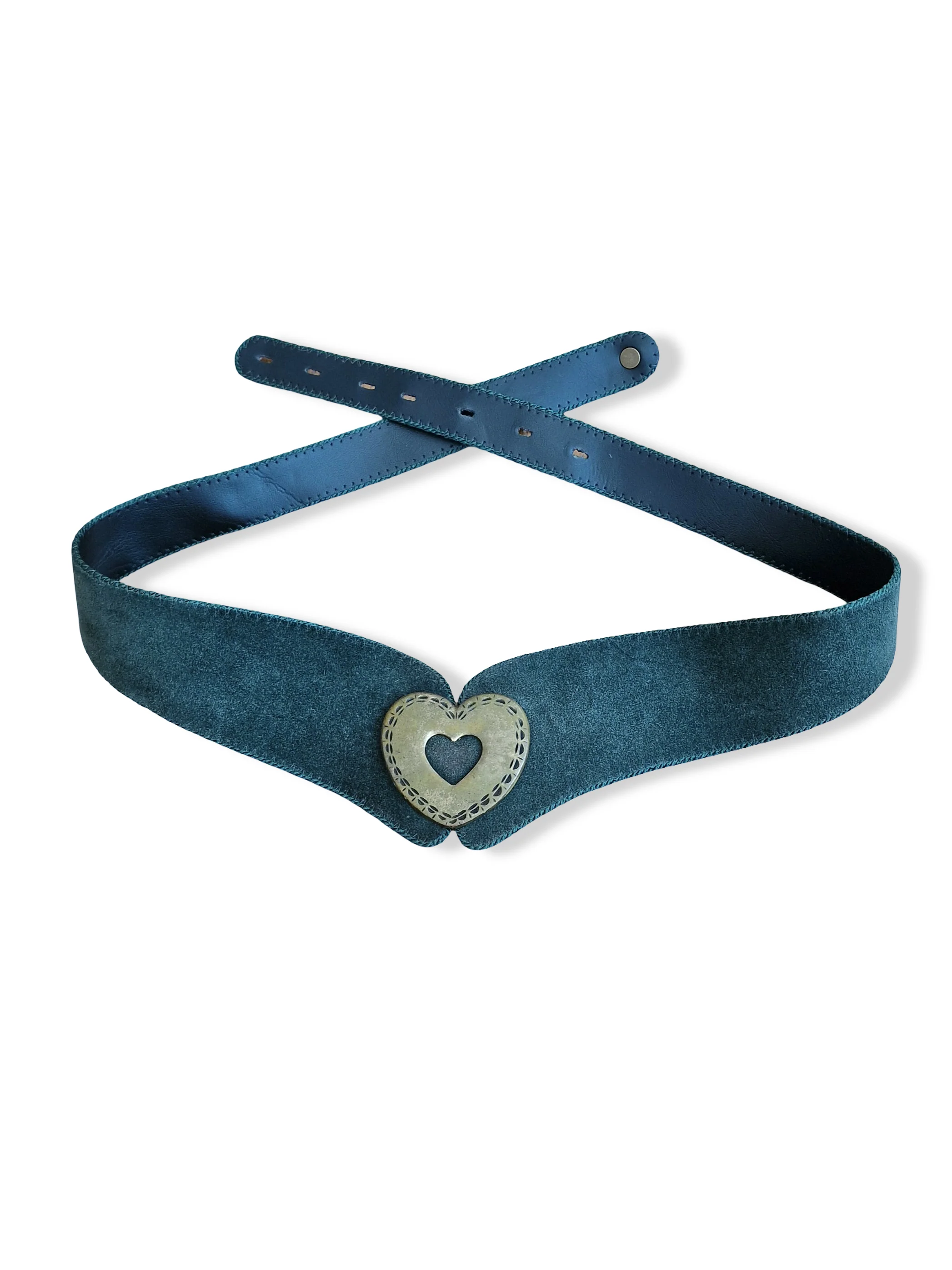 Vintage Austrian Dark Green Suede Leather Statement Belt with Brass Heart Detail - W34-40 - Image 4