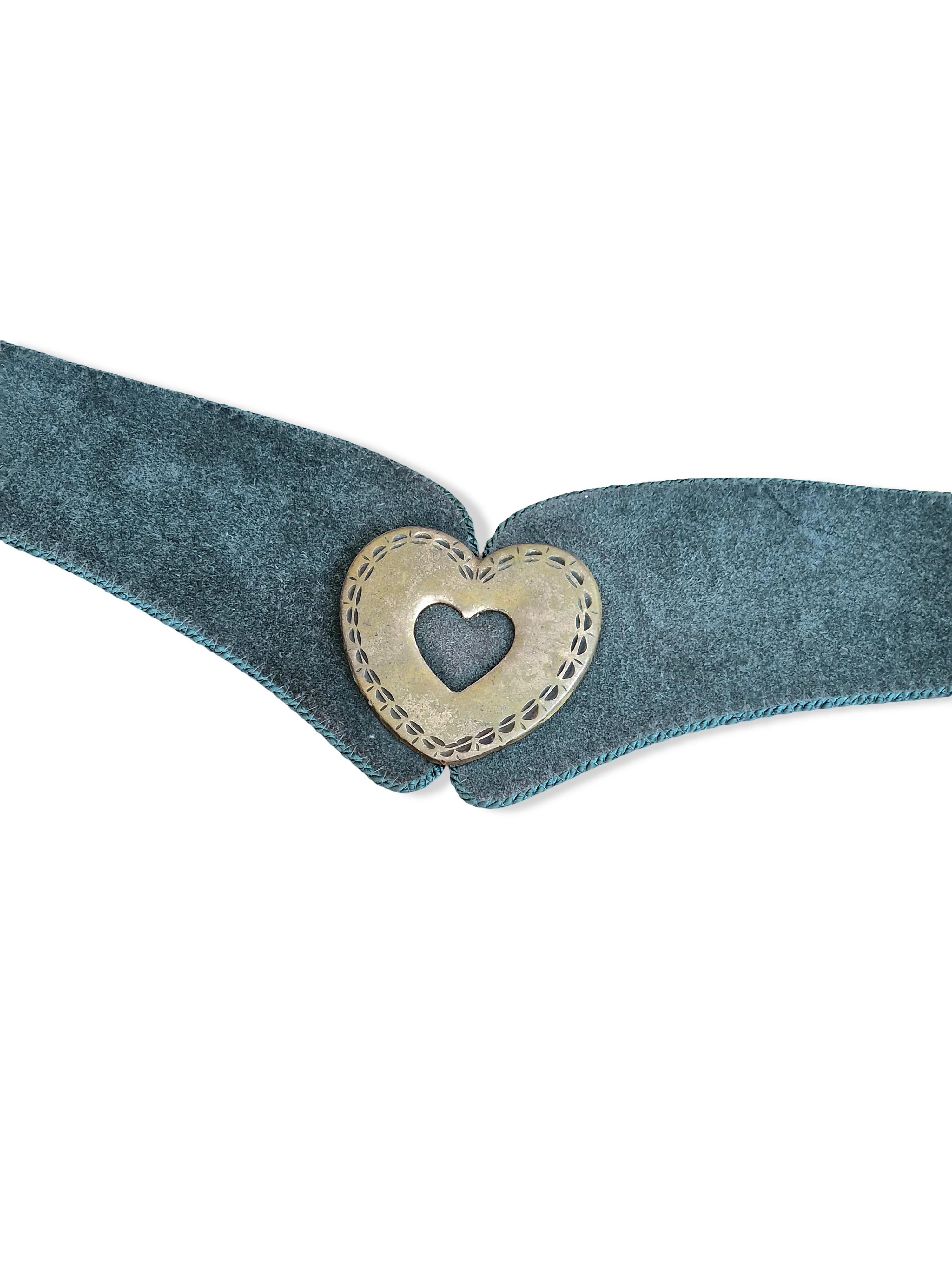Vintage Austrian Dark Green Suede Leather Statement Belt with Brass Heart Detail - W34-40 - Image 5