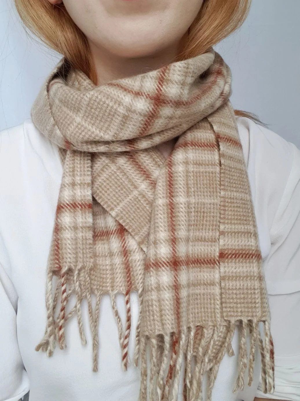 Vintage Beige Check Lambswool Scarf - Image 6