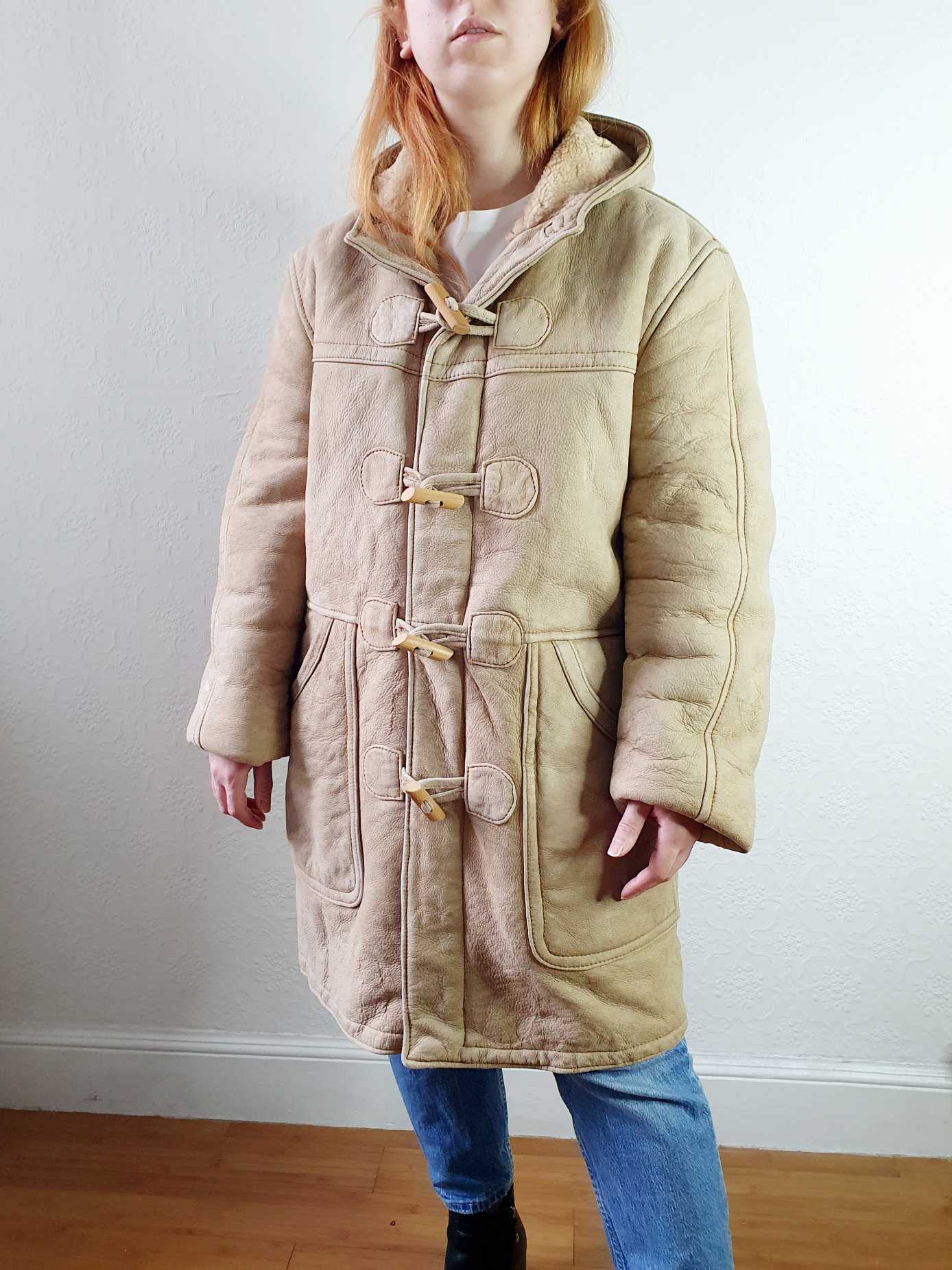 Vintage Beige Faux Sheepskin Hooded Jacket - L
