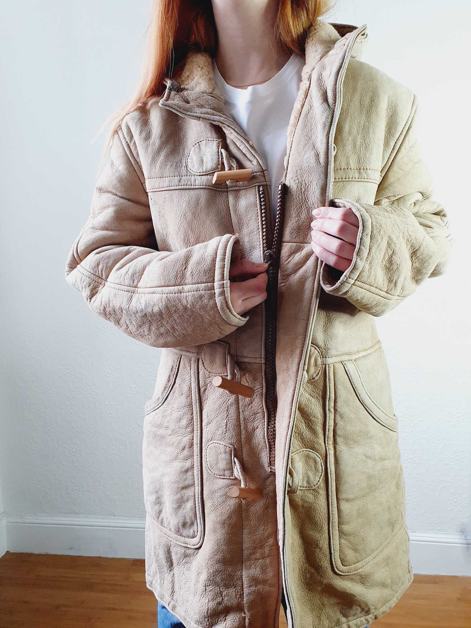 Vintage Beige Faux Sheepskin Hooded Jacket - L - Image 10