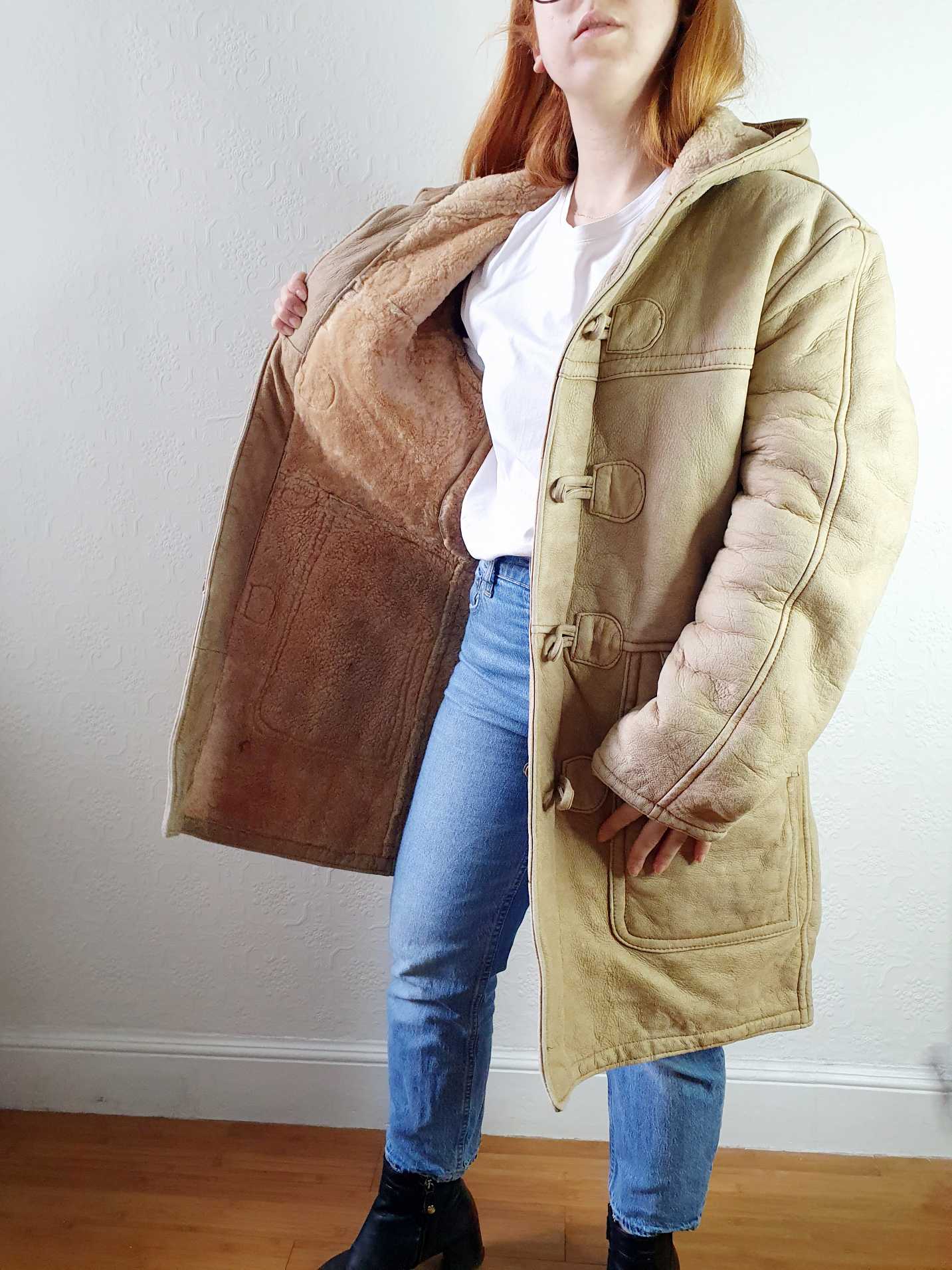 Vintage Beige Faux Sheepskin Hooded Jacket - L - Image 11