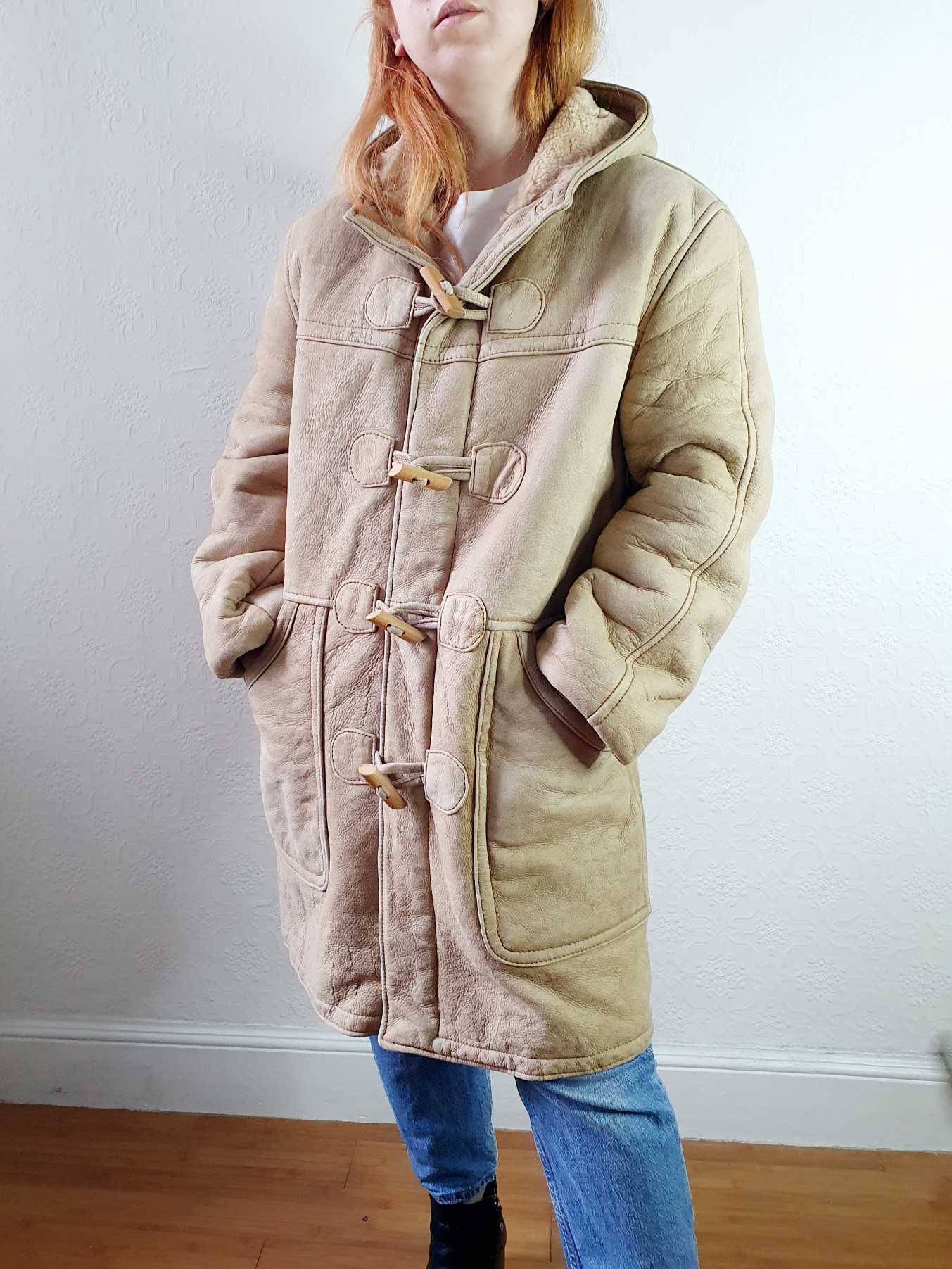 Vintage Beige Faux Sheepskin Hooded Jacket - L - Image 2
