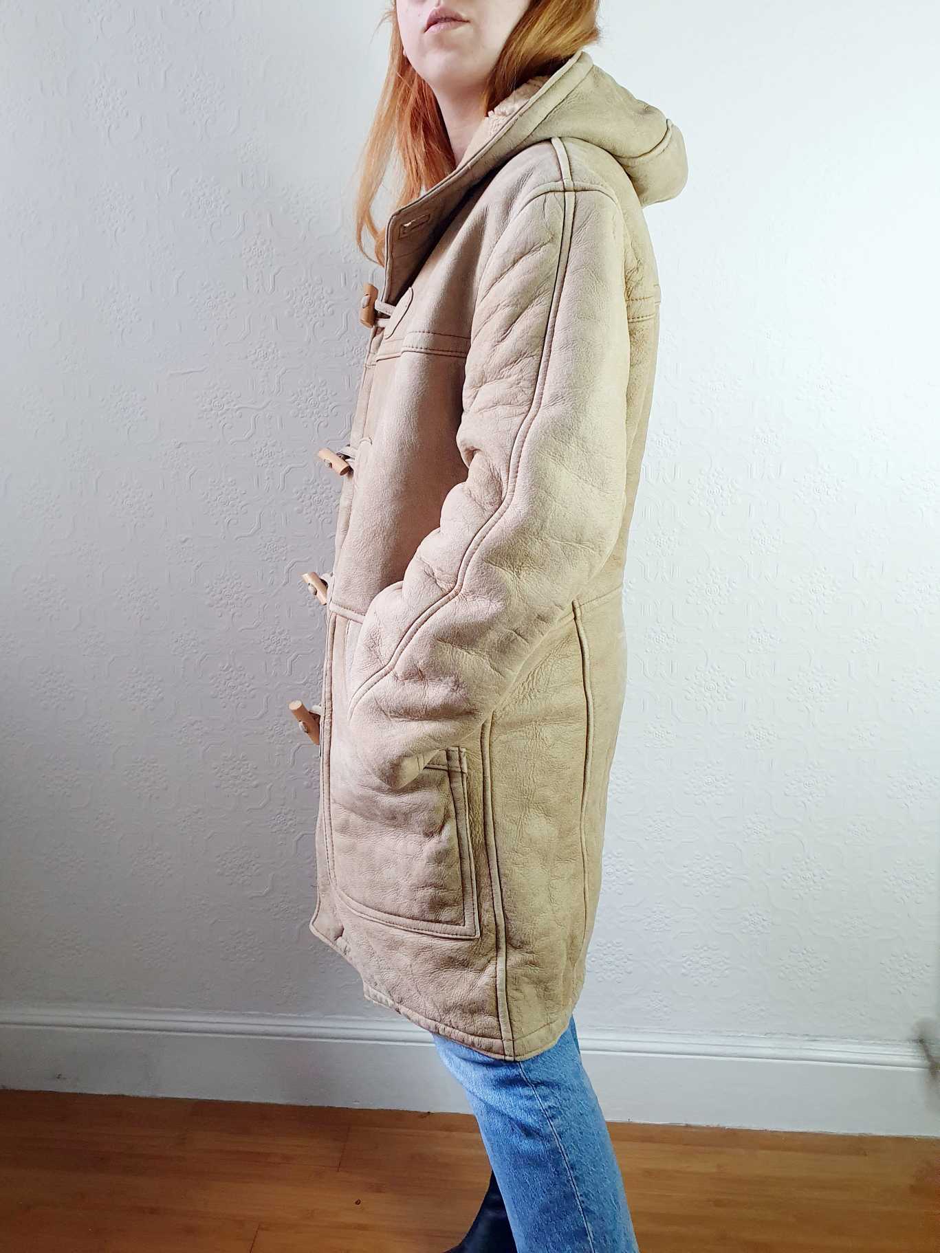 Vintage Beige Faux Sheepskin Hooded Jacket - L - Image 3