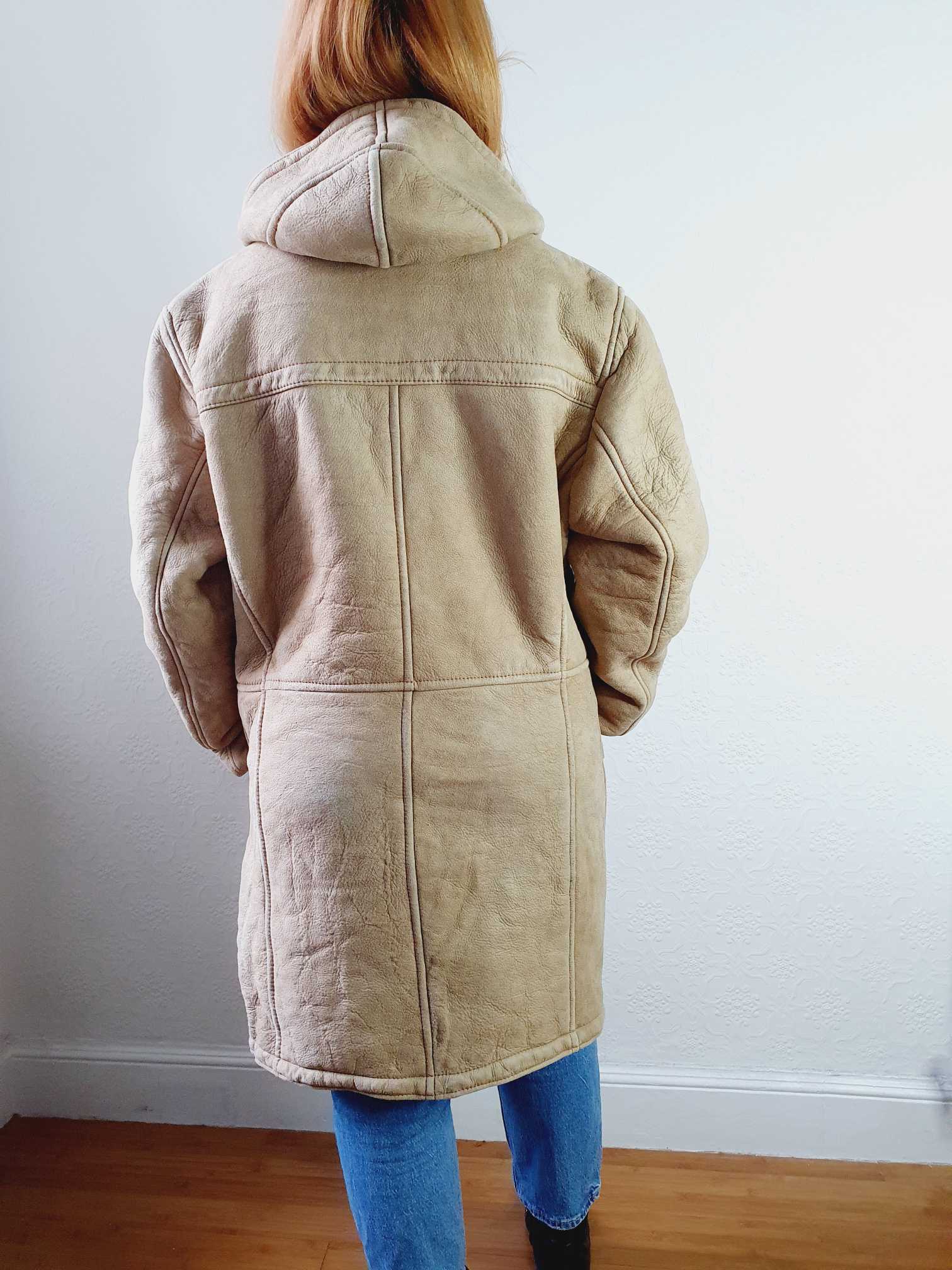 Vintage Beige Faux Sheepskin Hooded Jacket - L - Image 4