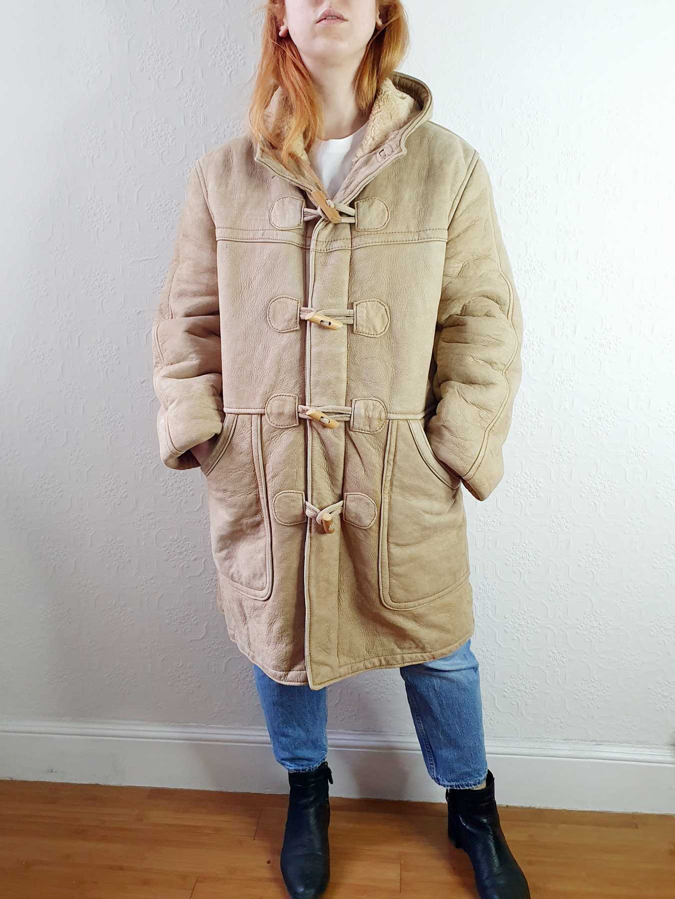 Vintage Beige Faux Sheepskin Hooded Jacket - L - Image 5