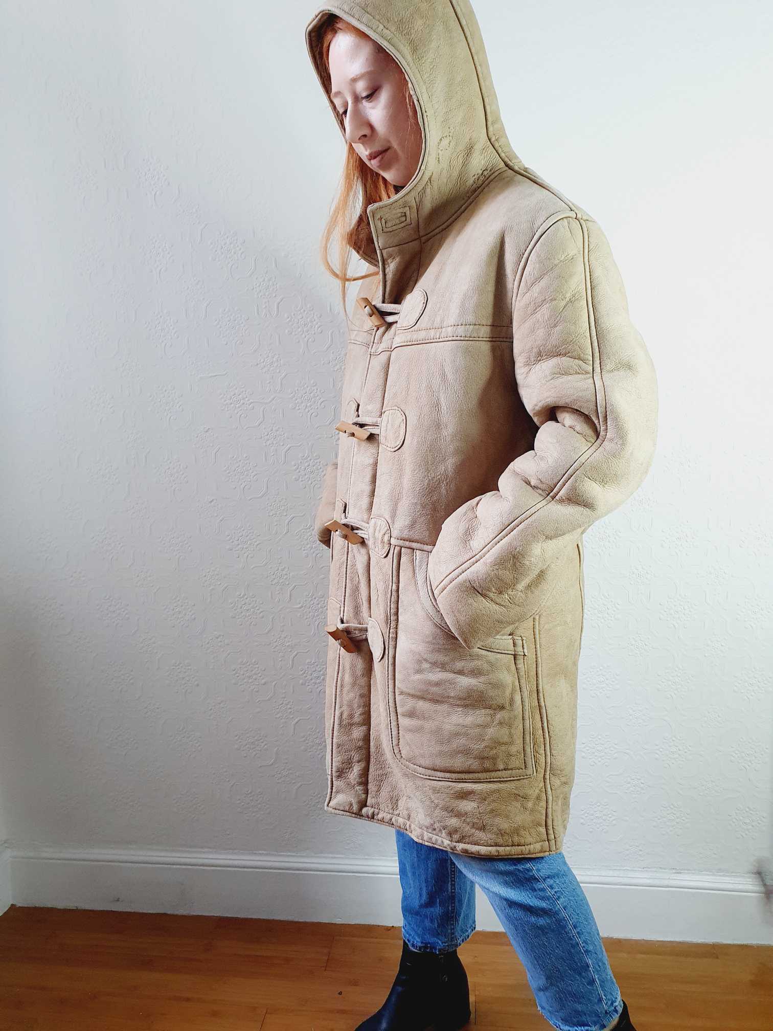 Vintage Beige Faux Sheepskin Hooded Jacket - L - Image 6