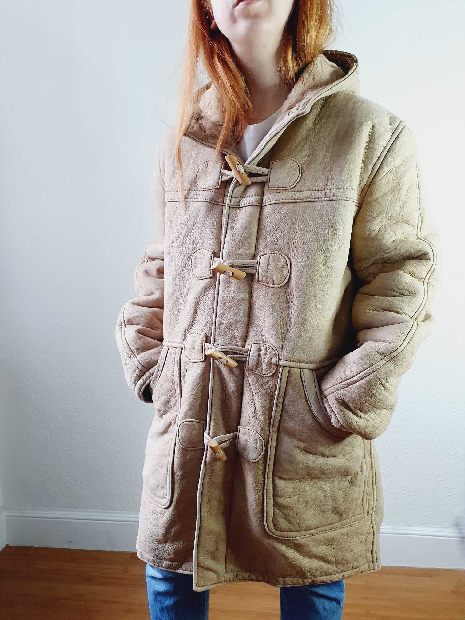 Vintage Beige Faux Sheepskin Hooded Jacket - L - Image 8