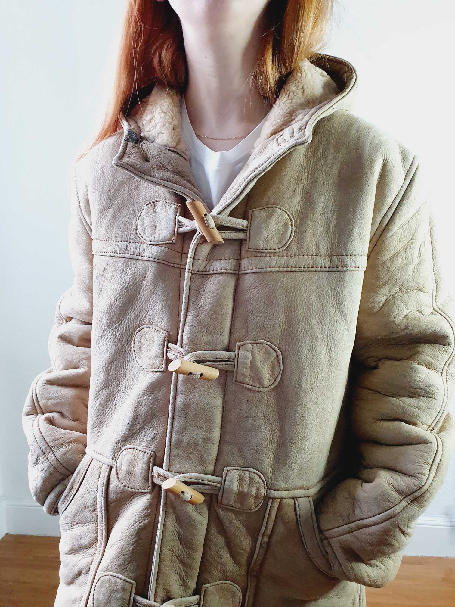 Vintage Beige Faux Sheepskin Hooded Jacket - L - Image 9