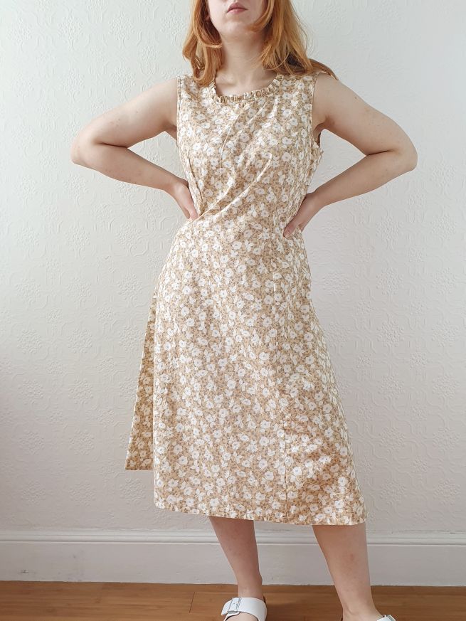 Vintage Beige Floral Sleeveless Dress - M