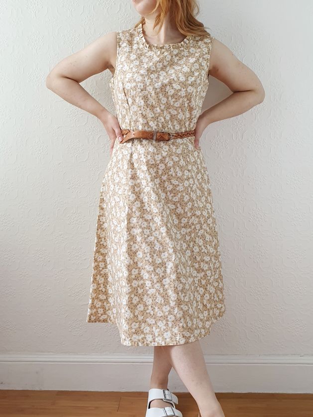 Vintage Beige Floral Sleeveless Dress - M - Image 2