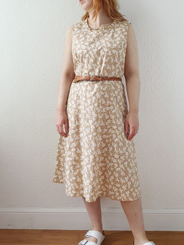 Vintage Beige Floral Sleeveless Dress - M - Image 3