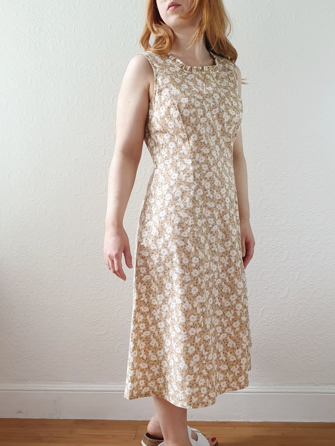 Vintage Beige Floral Sleeveless Dress - M - Image 5