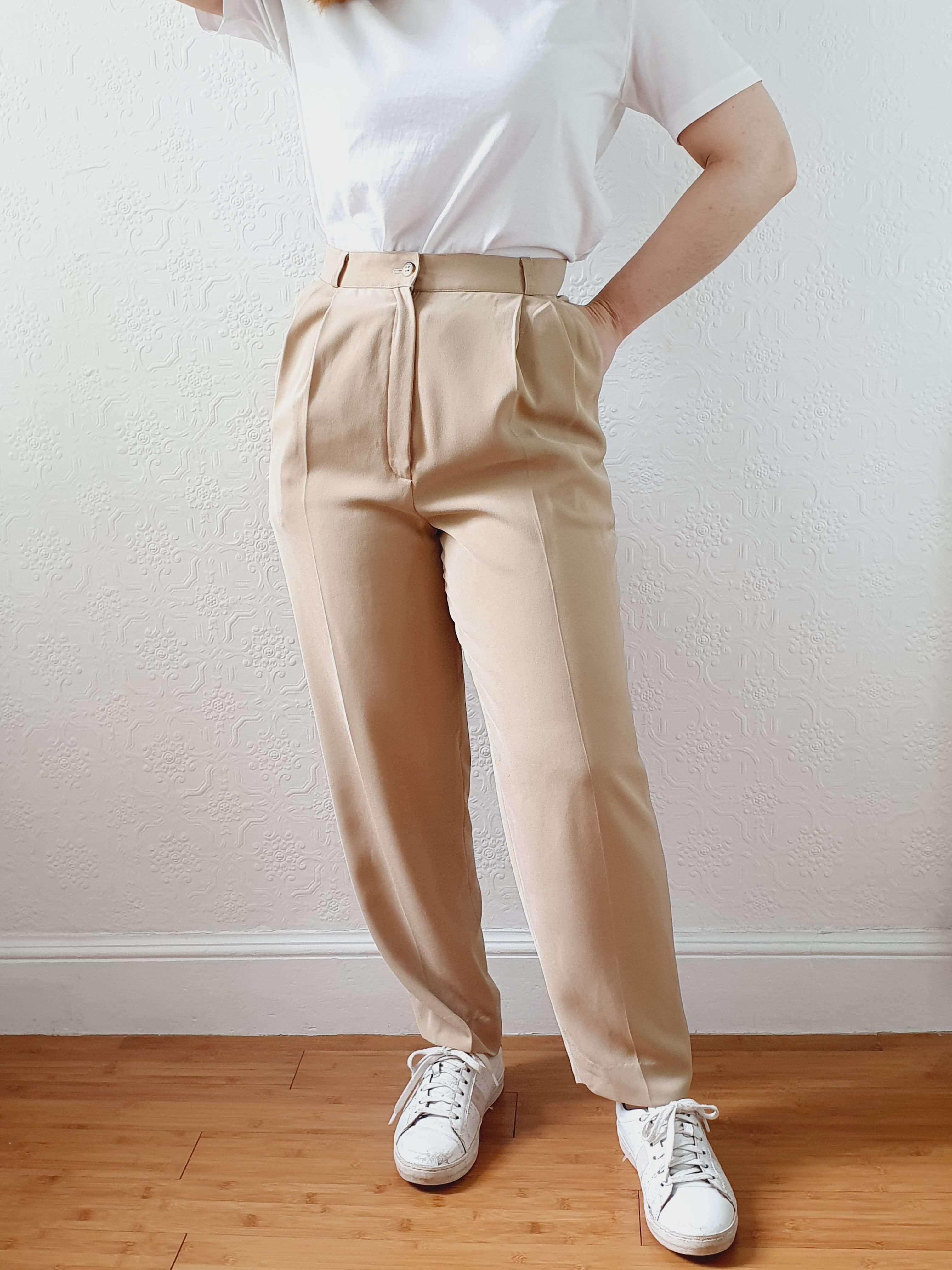 Vintage Beige High Waisted Pleated Summer Trousers - S