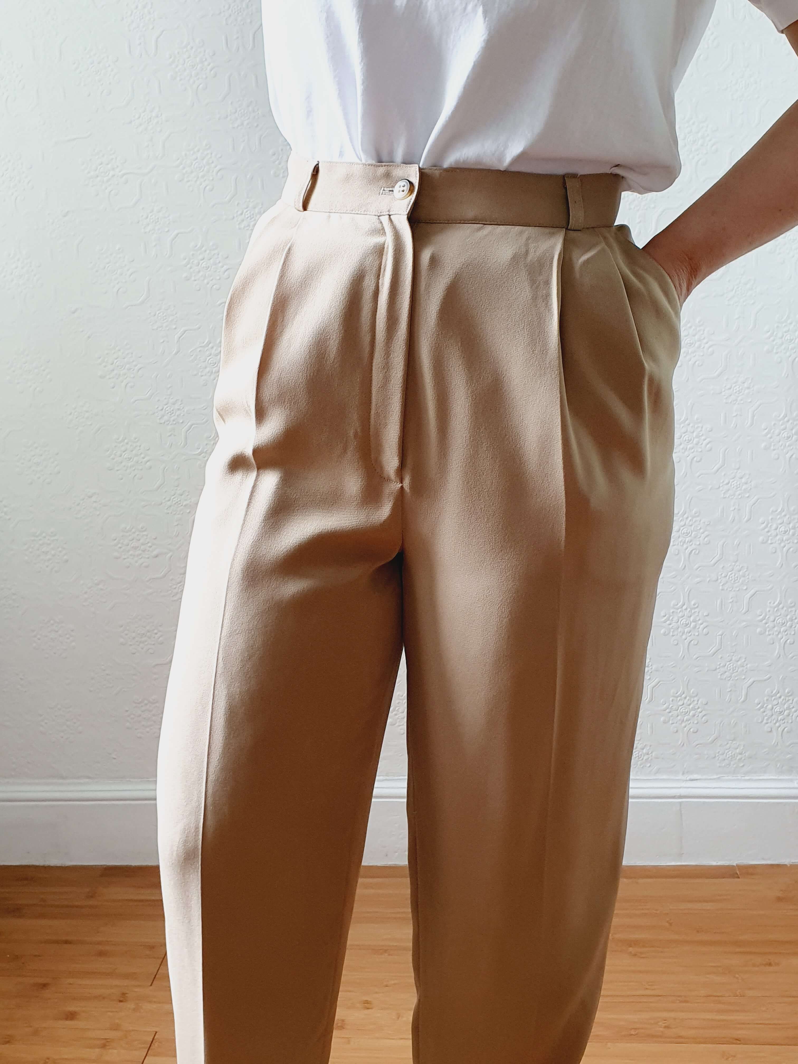 Vintage Beige High Waisted Pleated Summer Trousers - S - Image 10