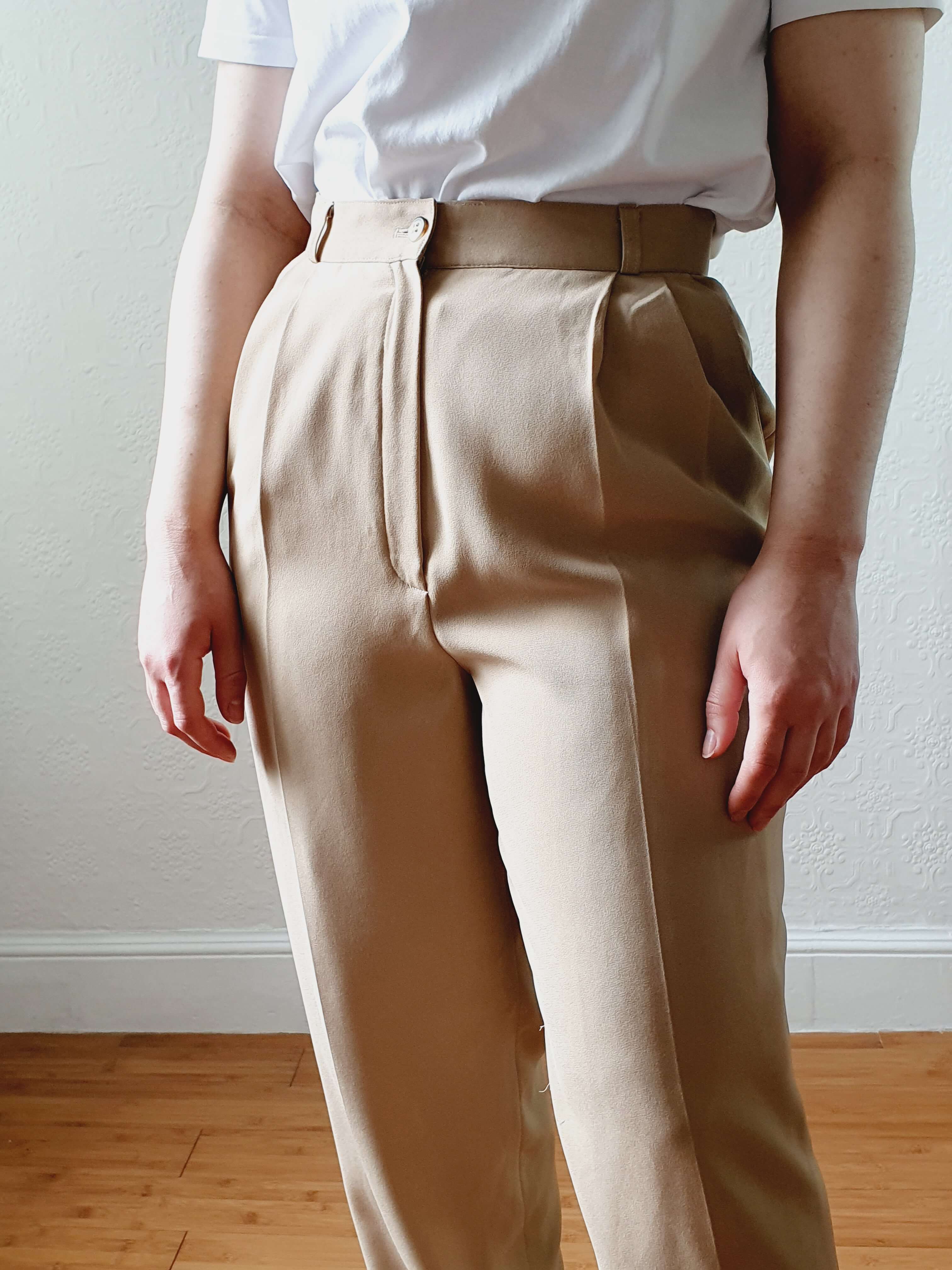 Vintage Beige High Waisted Pleated Summer Trousers - S - Image 11