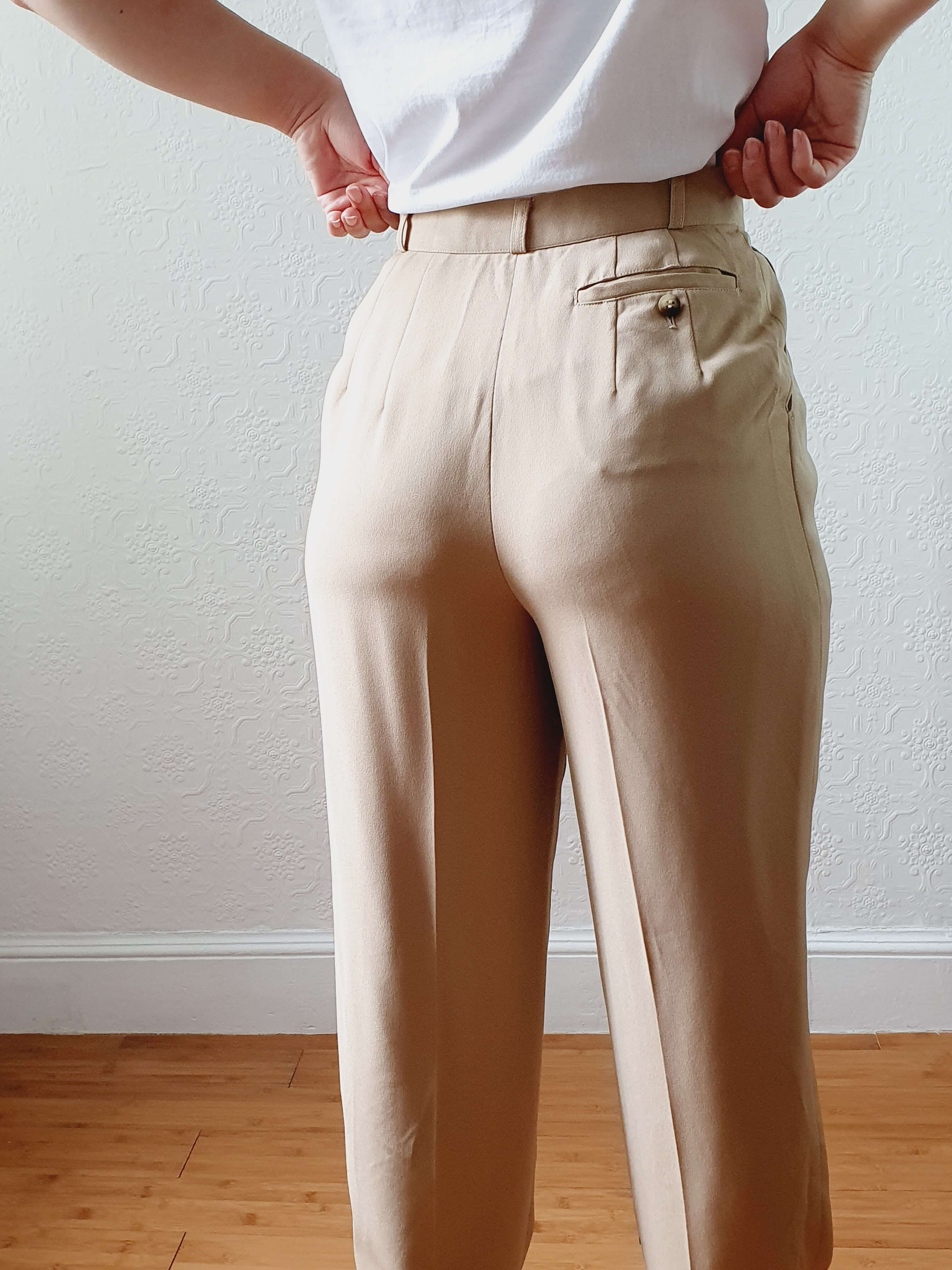 Vintage Beige High Waisted Pleated Summer Trousers - S - Image 12