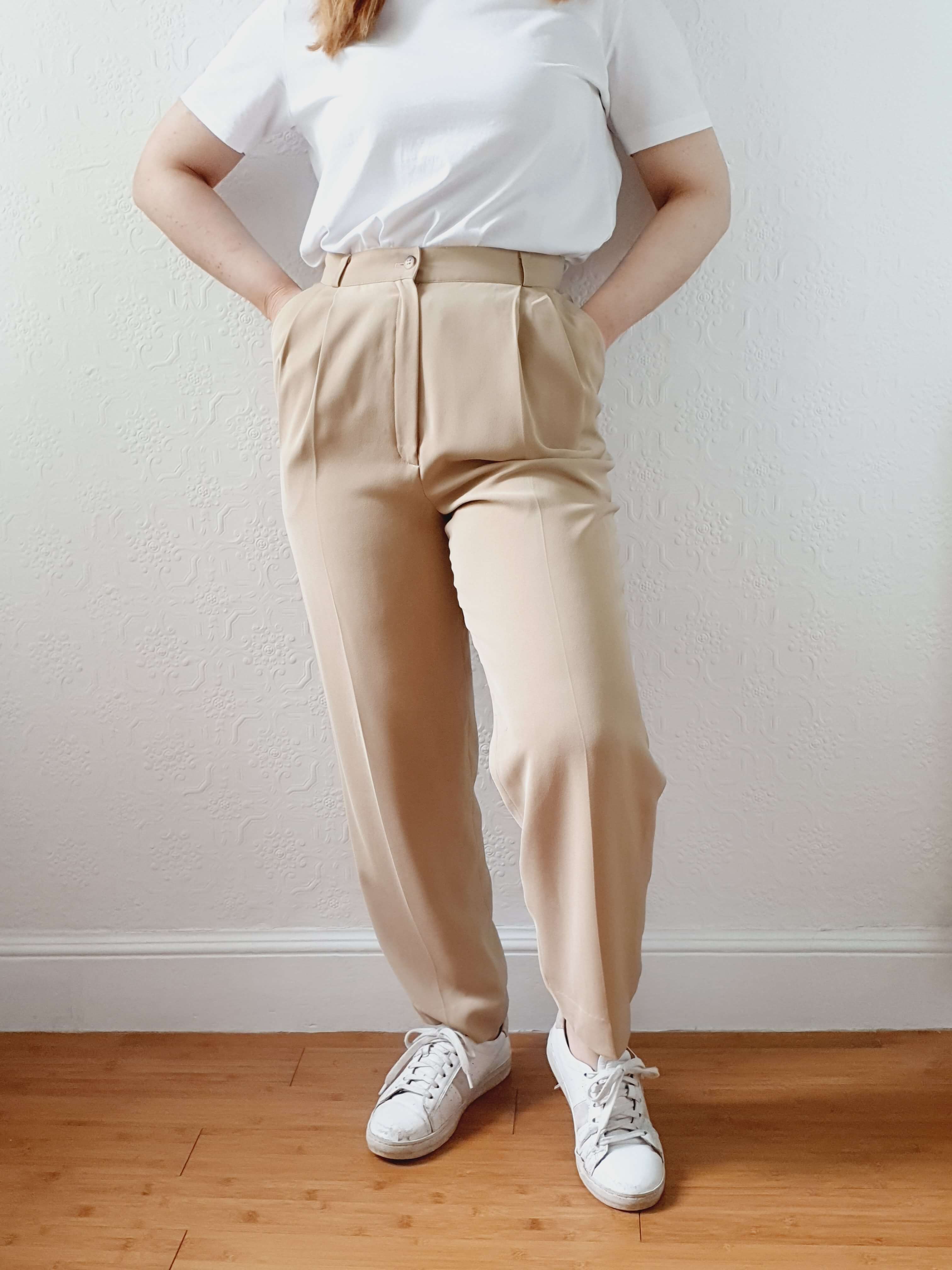 Vintage Beige High Waisted Pleated Summer Trousers - S - Image 13