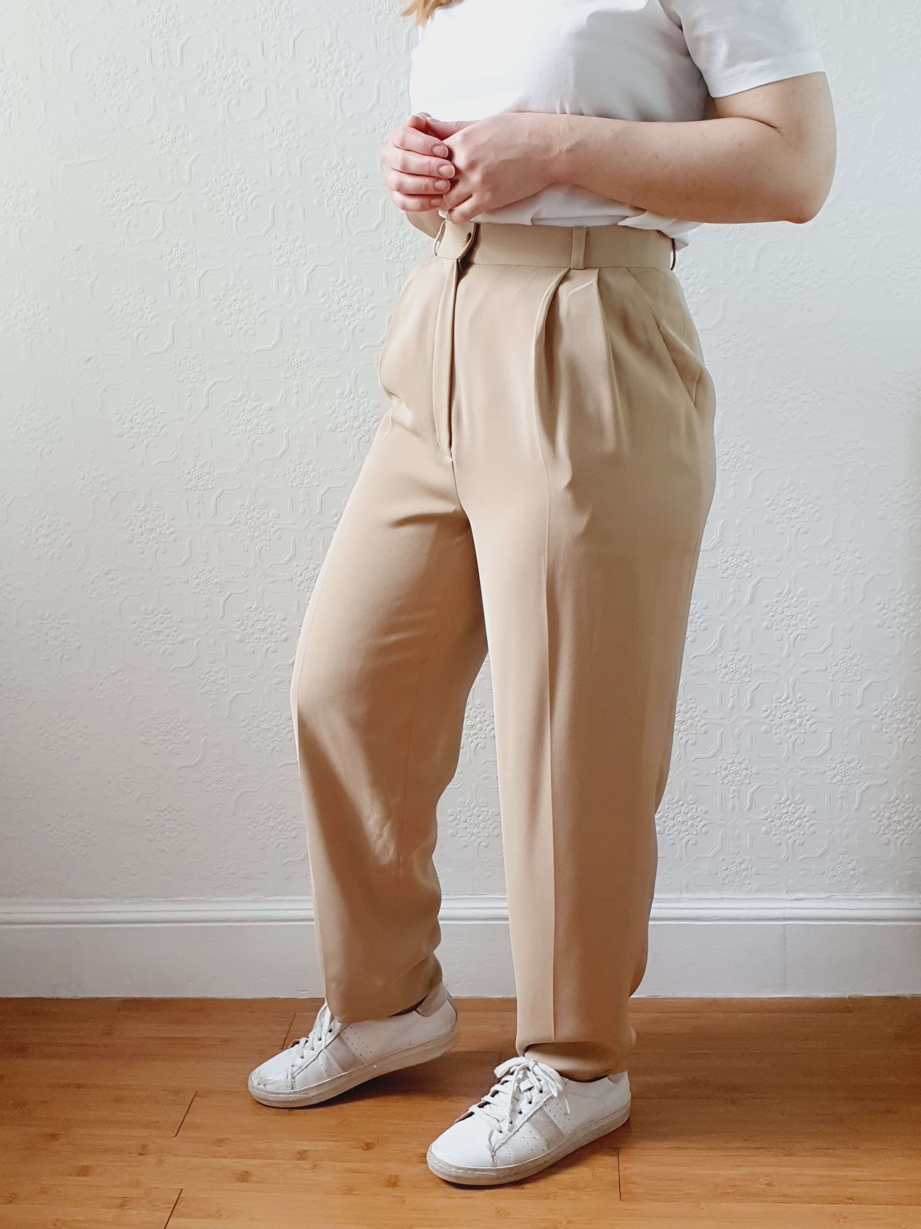 Vintage Beige High Waisted Pleated Summer Trousers - S - Image 14