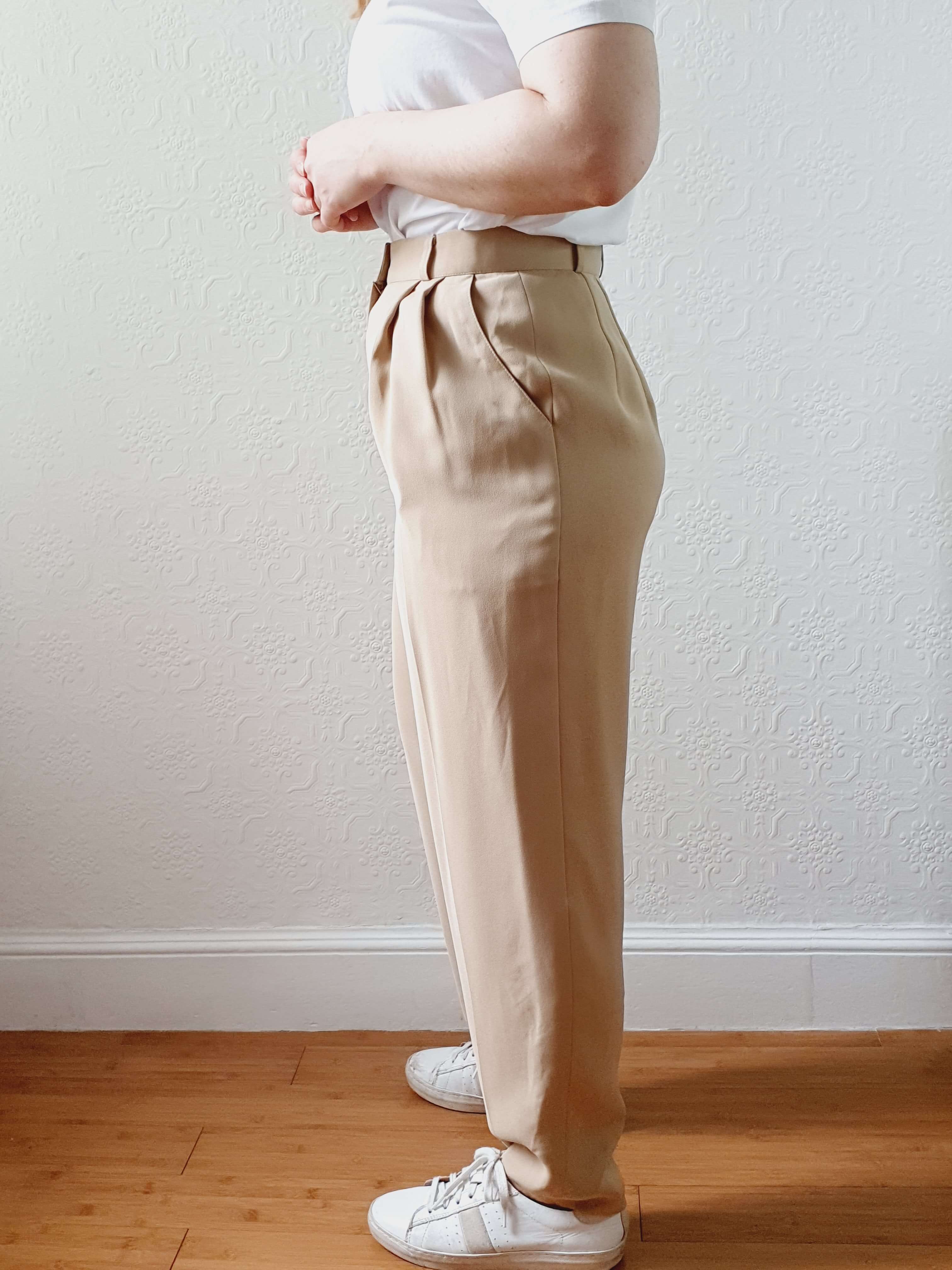 Vintage Beige High Waisted Pleated Summer Trousers - S - Image 15