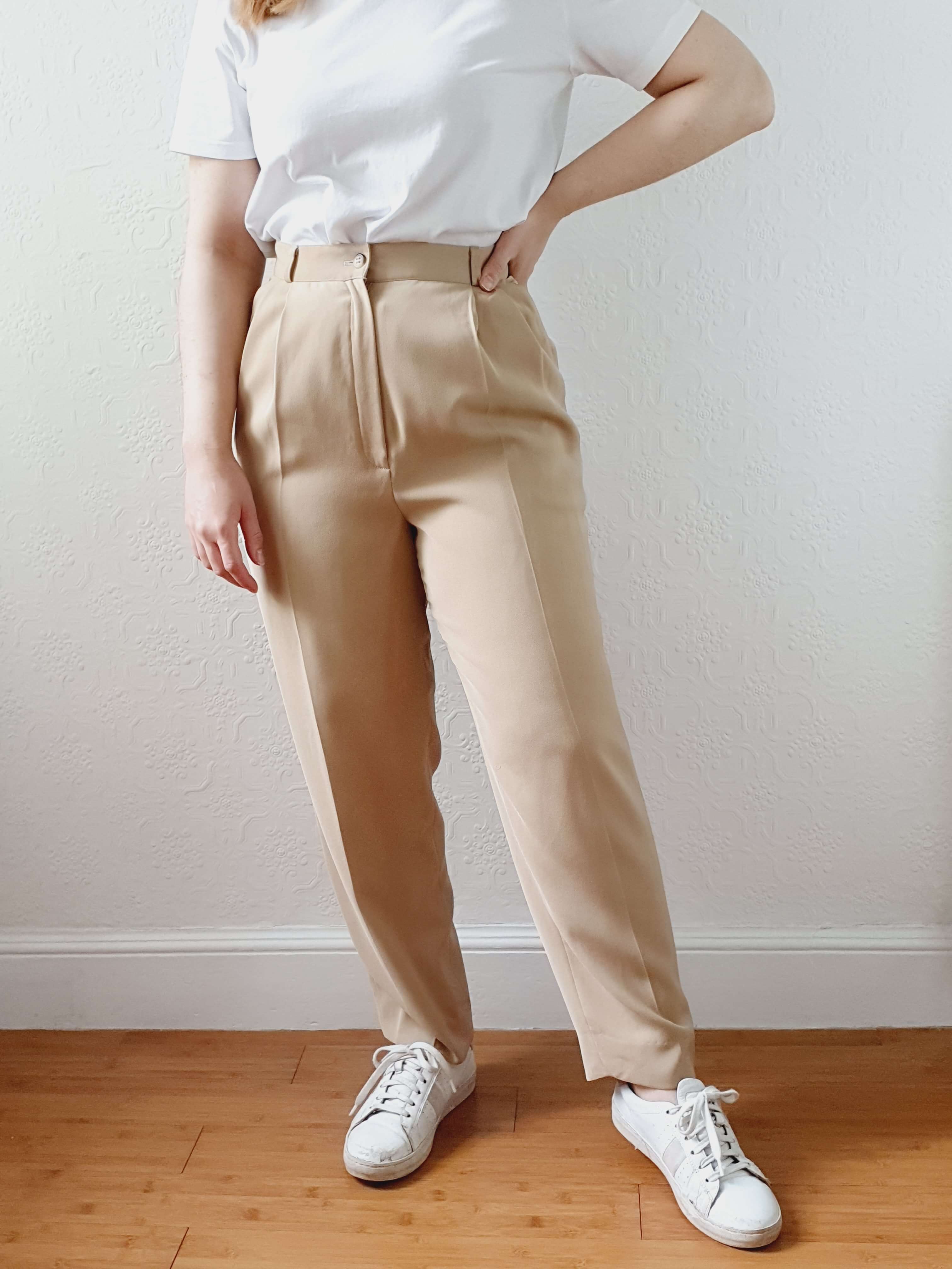 Vintage Beige High Waisted Pleated Summer Trousers - S - Image 2