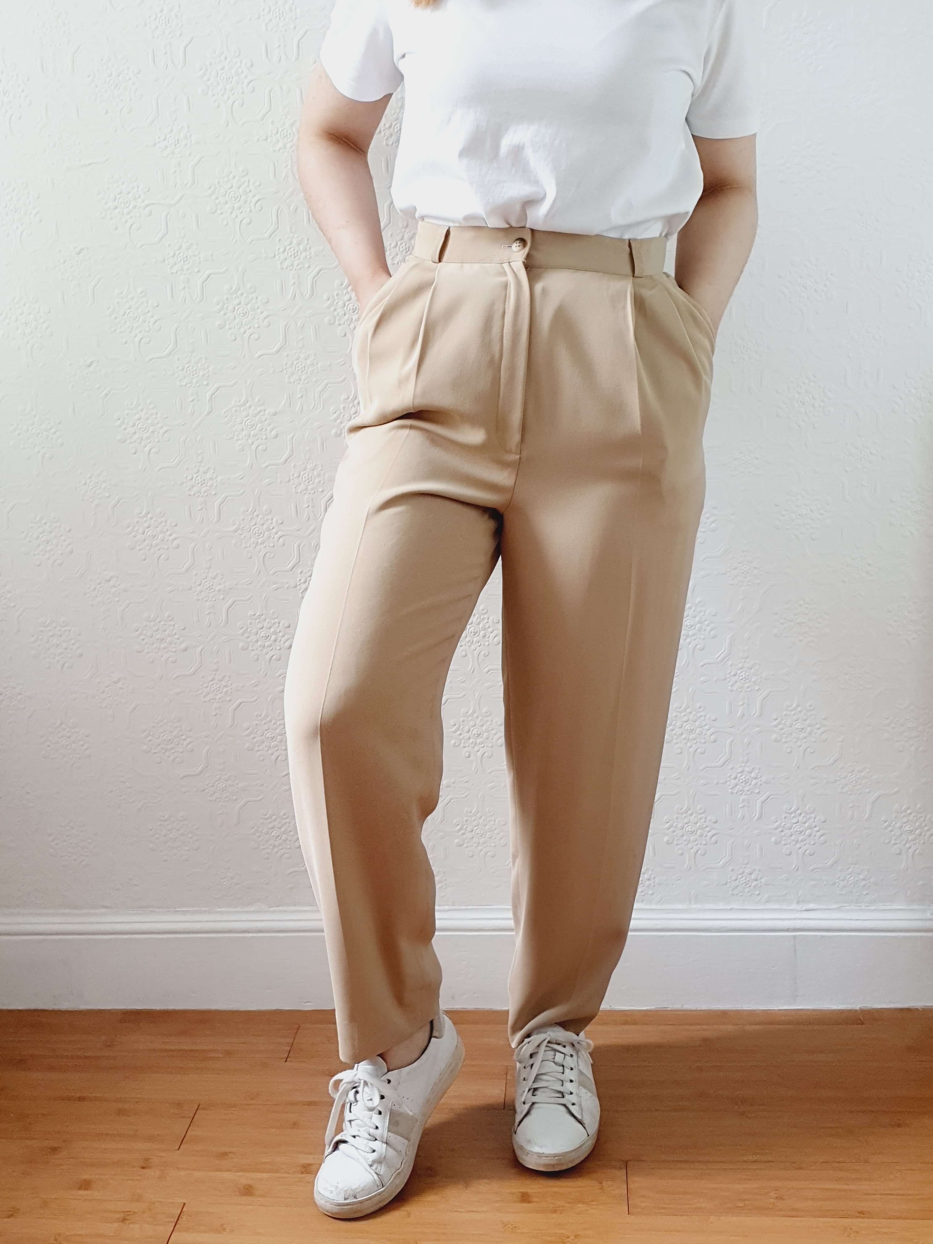 Vintage Beige High Waisted Pleated Summer Trousers - S - Image 3