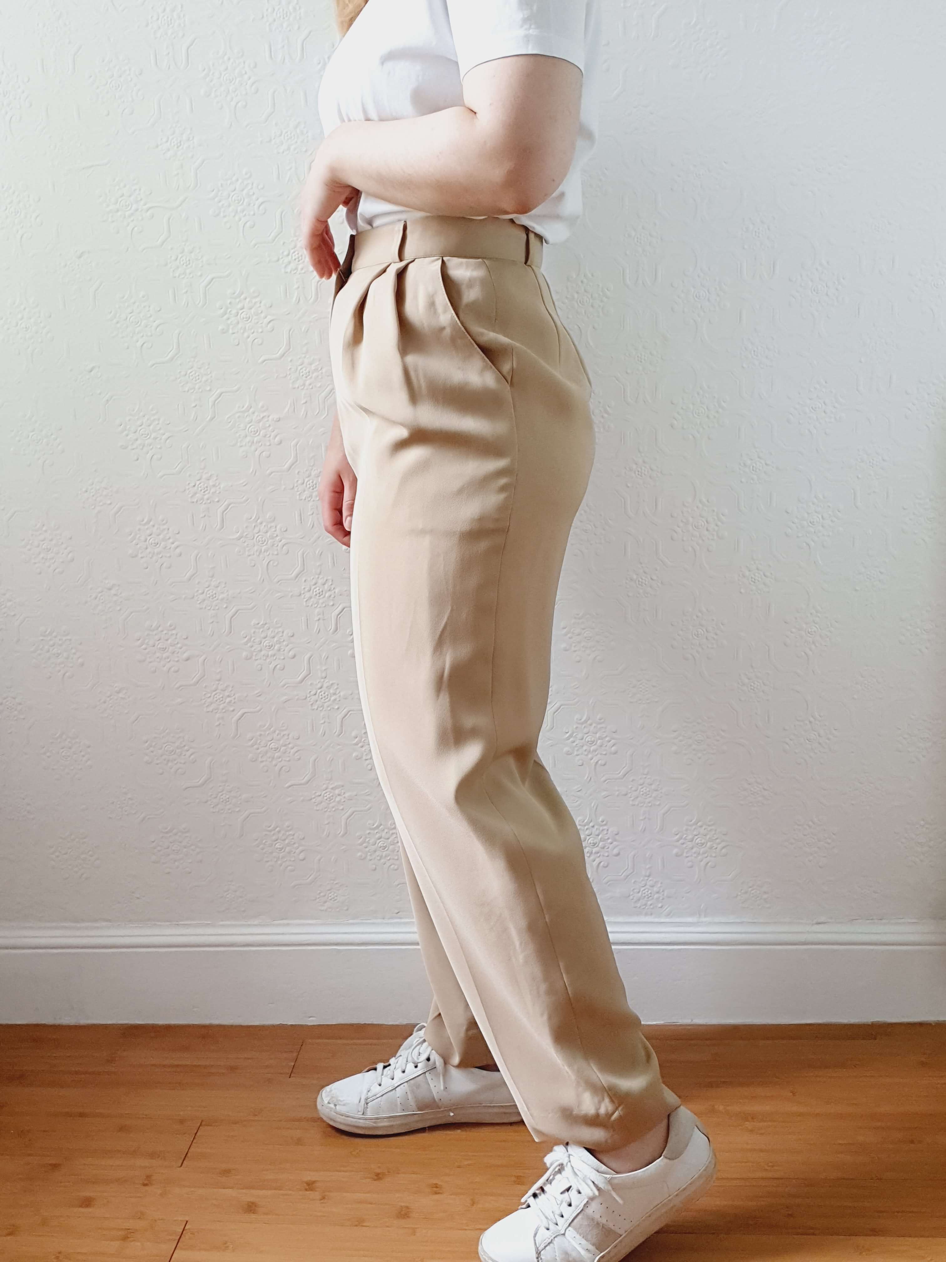 Vintage Beige High Waisted Pleated Summer Trousers - S - Image 4