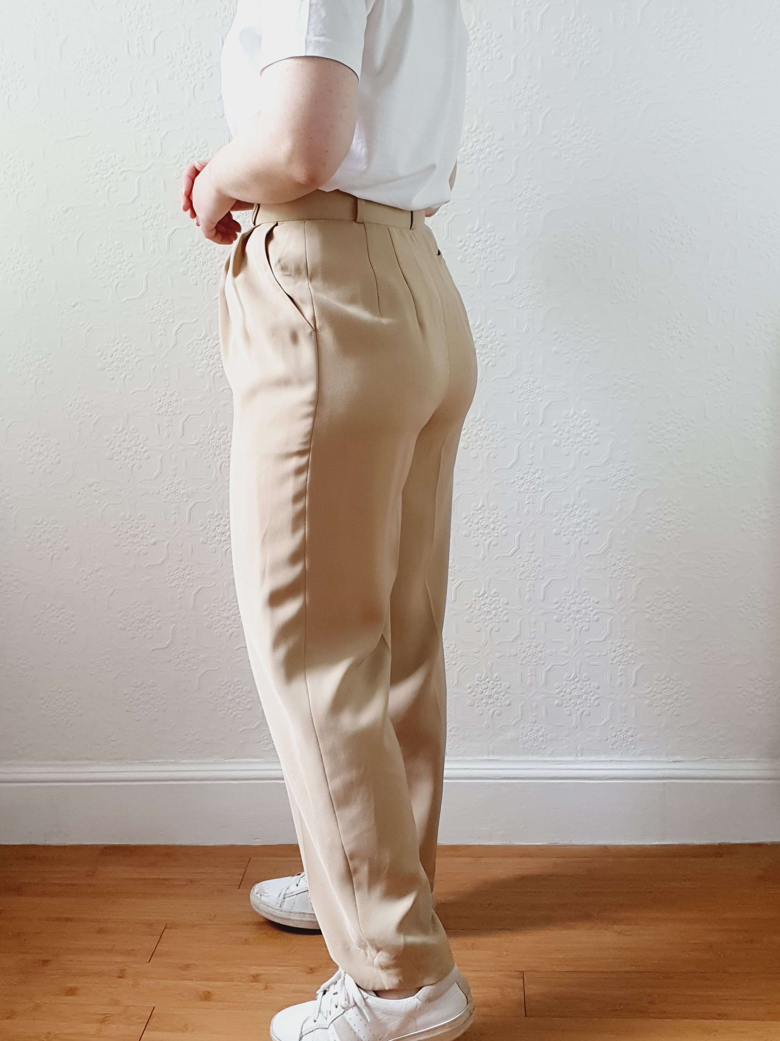 Vintage Beige High Waisted Pleated Summer Trousers - S - Image 5