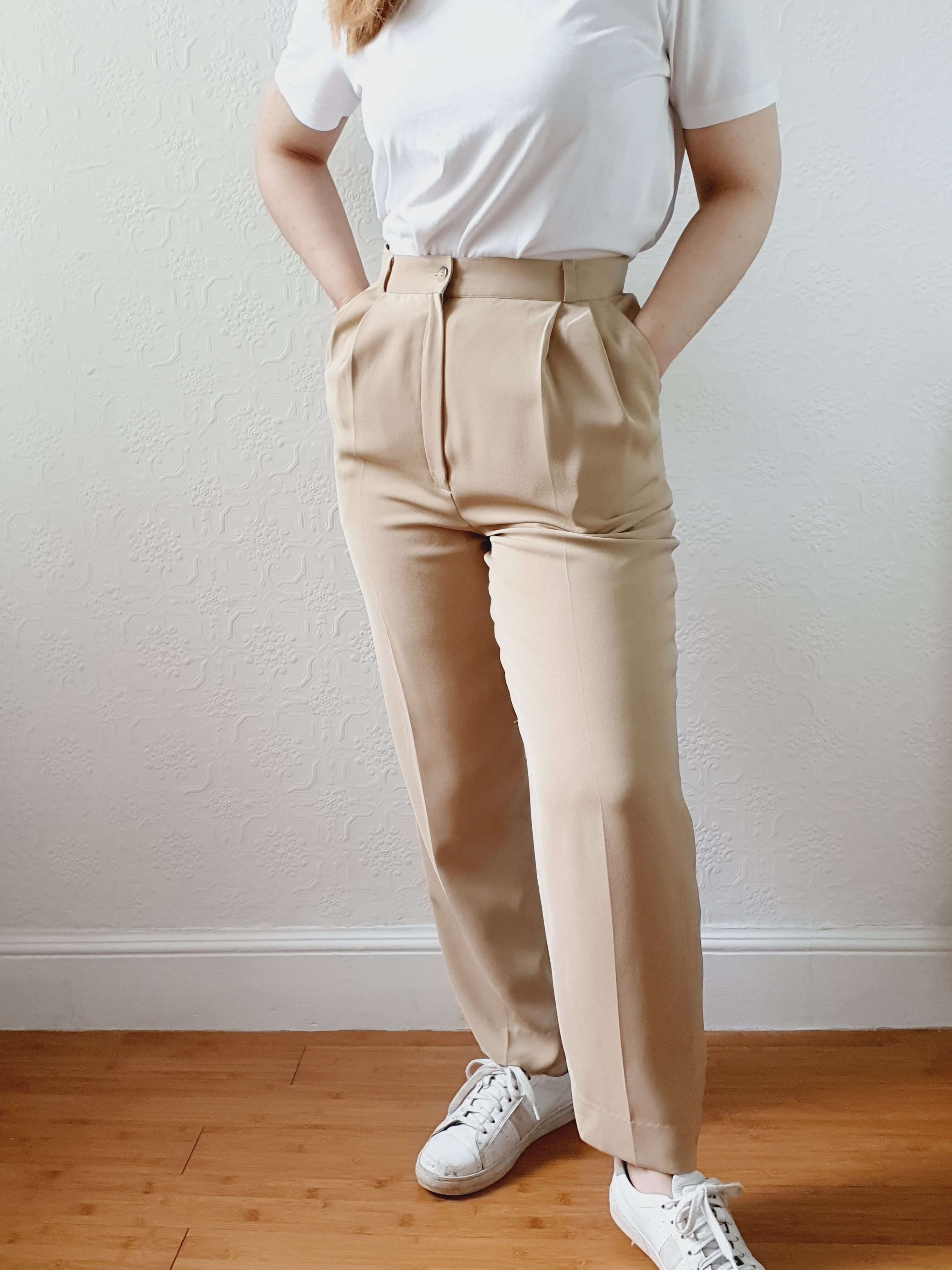 Vintage Beige High Waisted Pleated Summer Trousers - S - Image 6