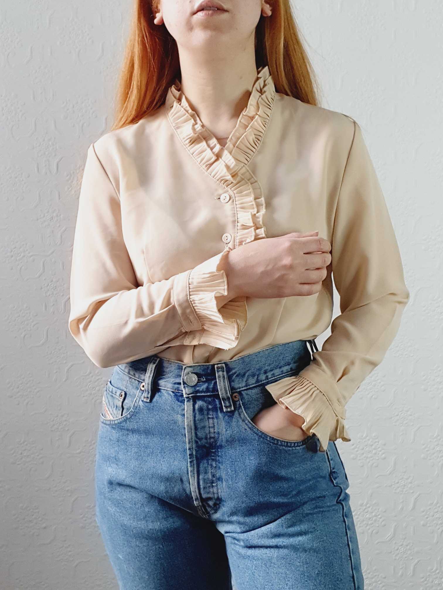 Vintage Beige Ruffle Collar Blouse - XS/S - Image 2