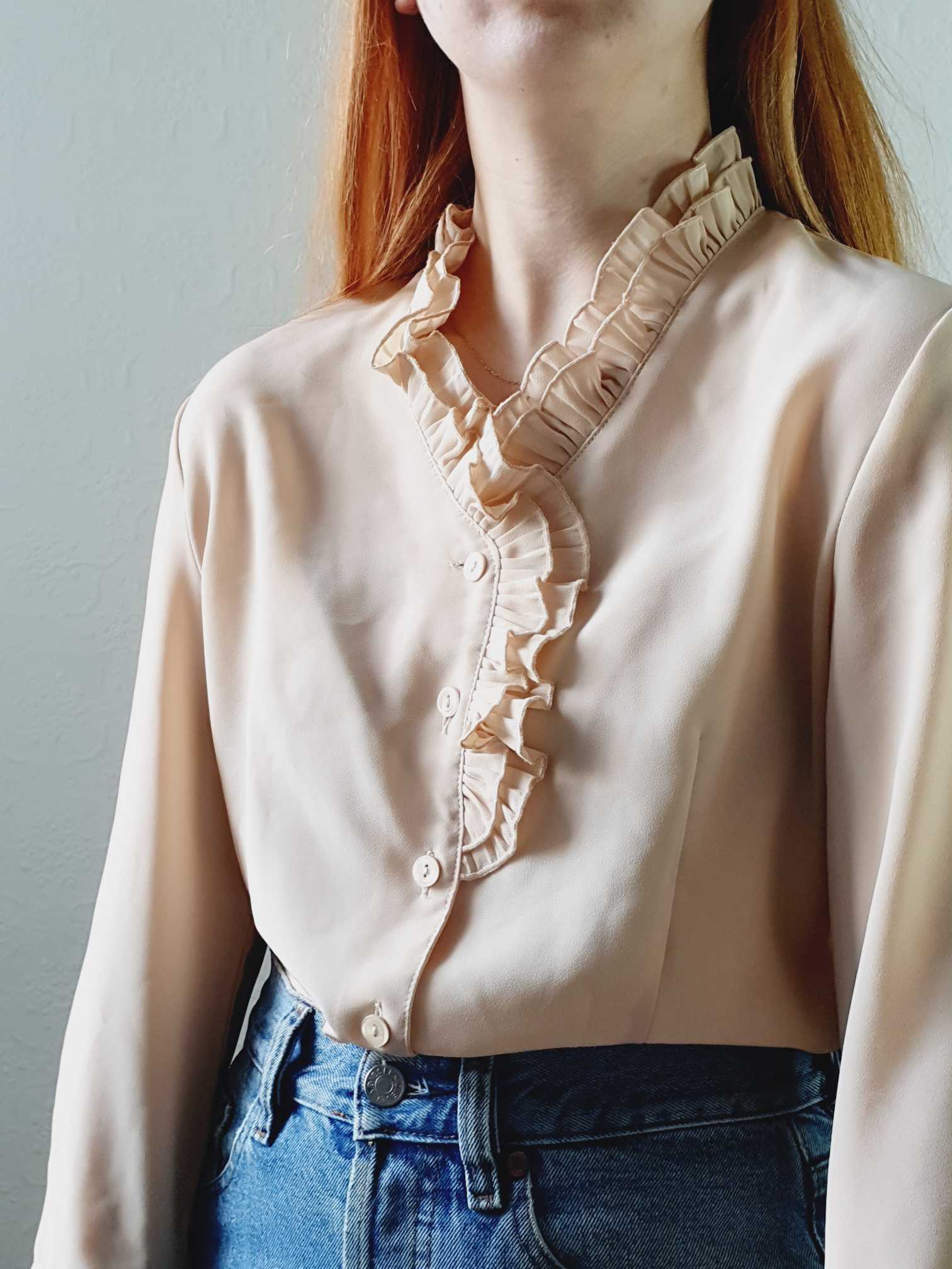 Vintage Beige Ruffle Collar Blouse - XS/S - Image 3