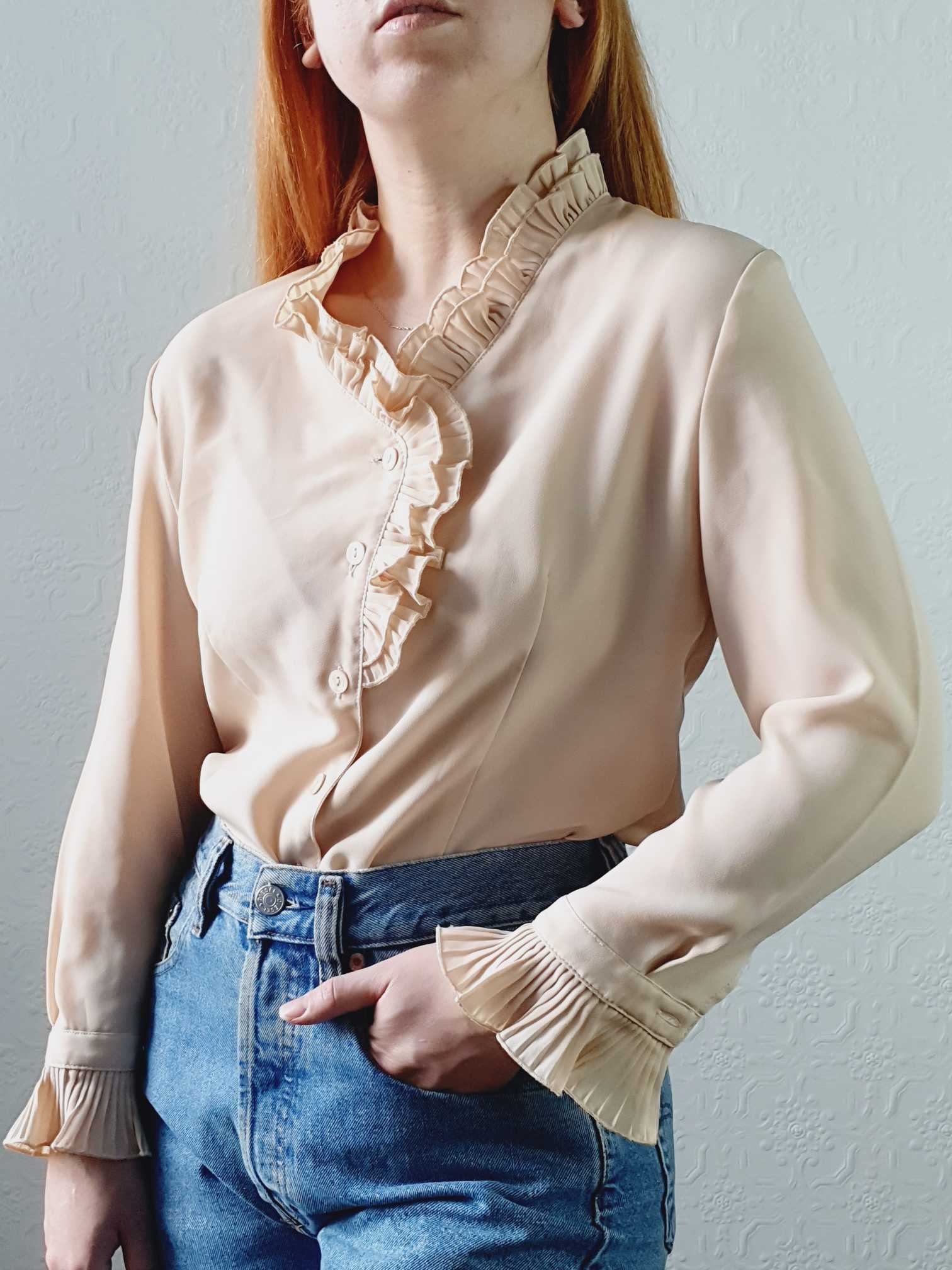 Vintage Beige Ruffle Collar Blouse - XS/S - Image 4